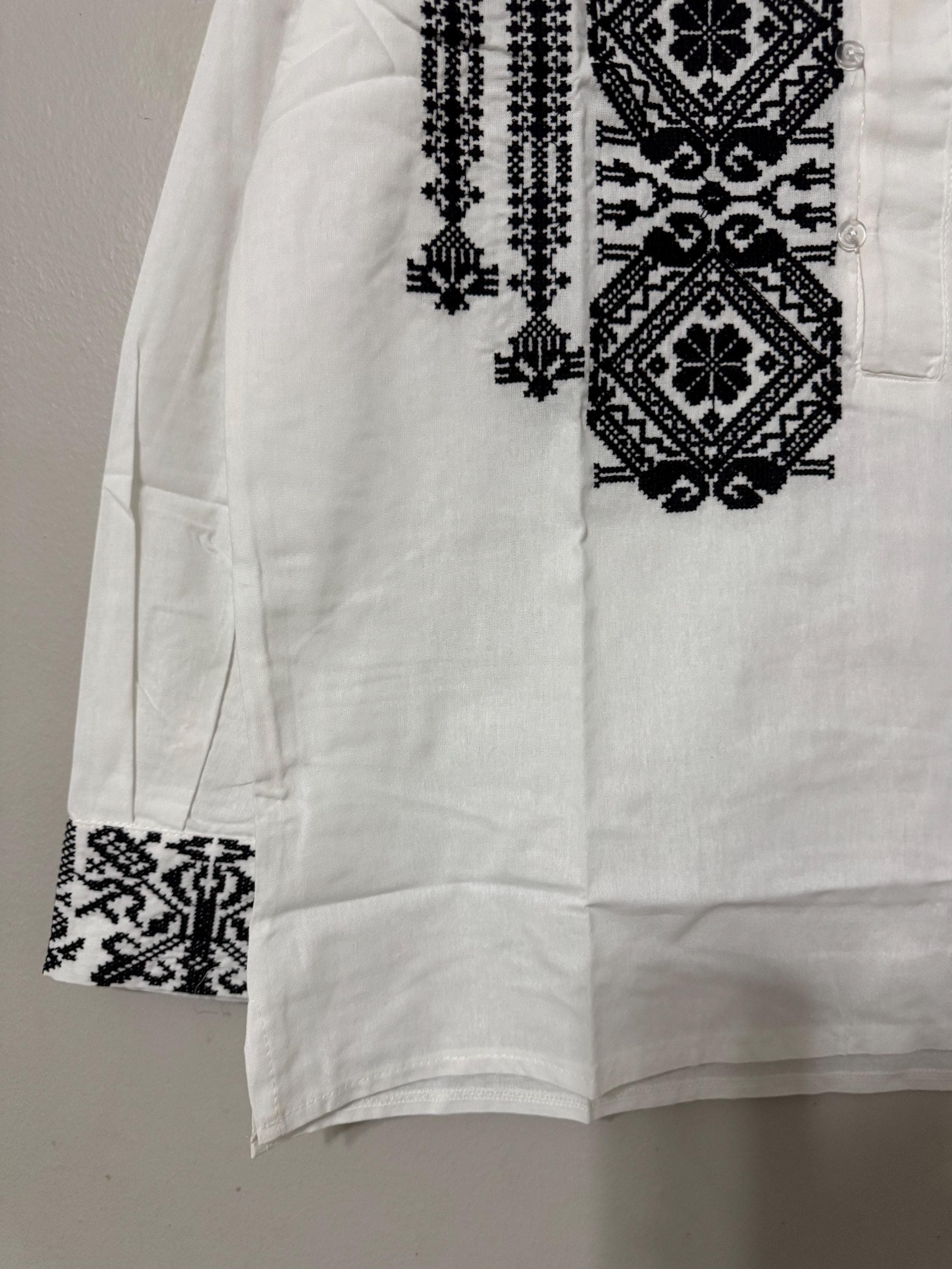 Latvian Folk Embroidered Shirt, Black Geometric Pattern, Mandarin Collar, Cotton Blend - image 4