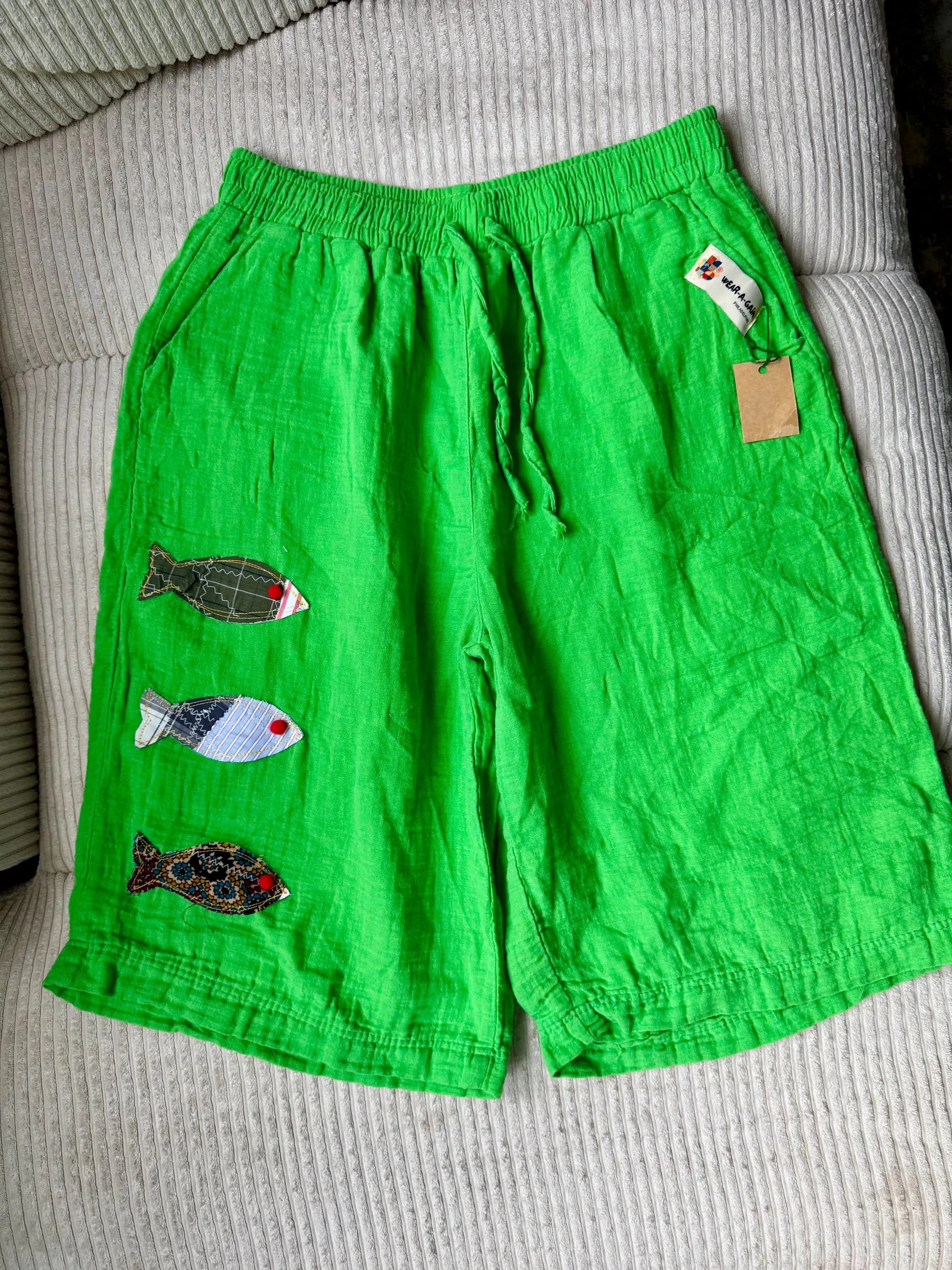 Upcycled Linen Fish Applique Shorts, Boho Elastic Waist, Summer Wear (Green, Yellow, Blue, Navy) - image 3