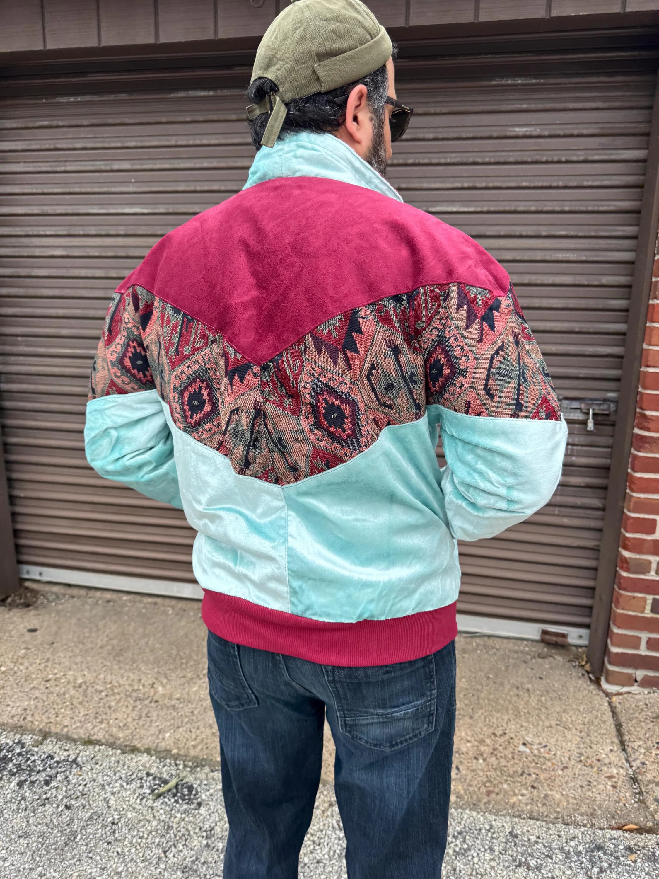 Handmade Mint Green Velvet Bomber Jacket, Kilim Tapestry, Sherpa Collar, Folk Style