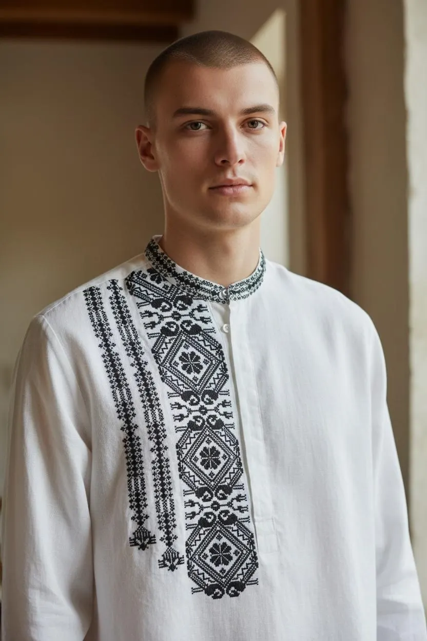 Latvian Folk Embroidered Shirt, Black Geometric Pattern, Mandarin Collar, Cotton Blend