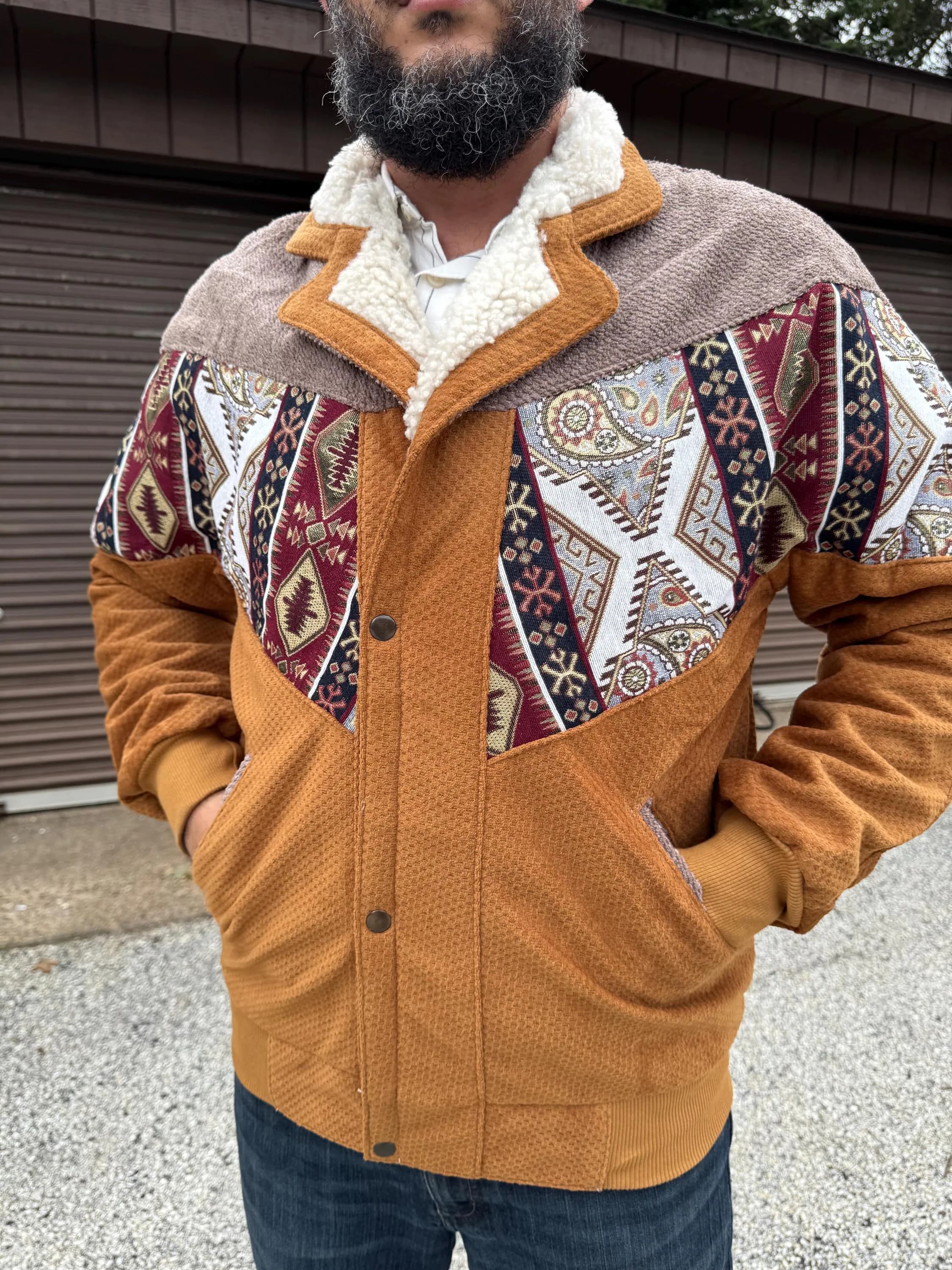 Unique Men's Jacket, Bomber Handmade Patchwork Jacket, Kilim Tapestry, Wool Collar, Size: XL