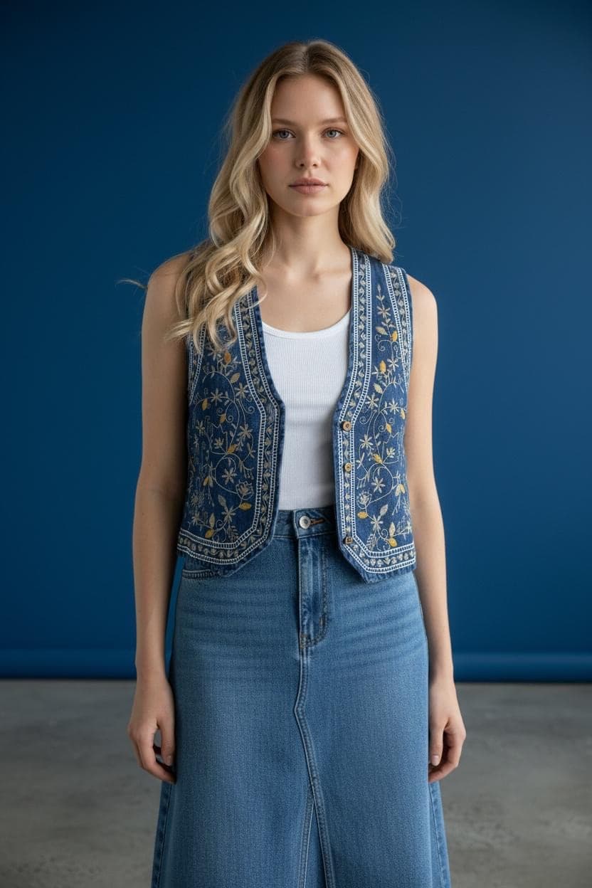 Navy Blue Embroidered Vest | Yellow Gold Floral Star Folk Waistcoat | Boho Cottagecore Statement Layering