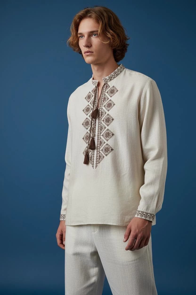 Vyshyvanka Men's Shirt, Cream Cotton, Burgundy Geometric Embroidery, Tie Neck Tunic