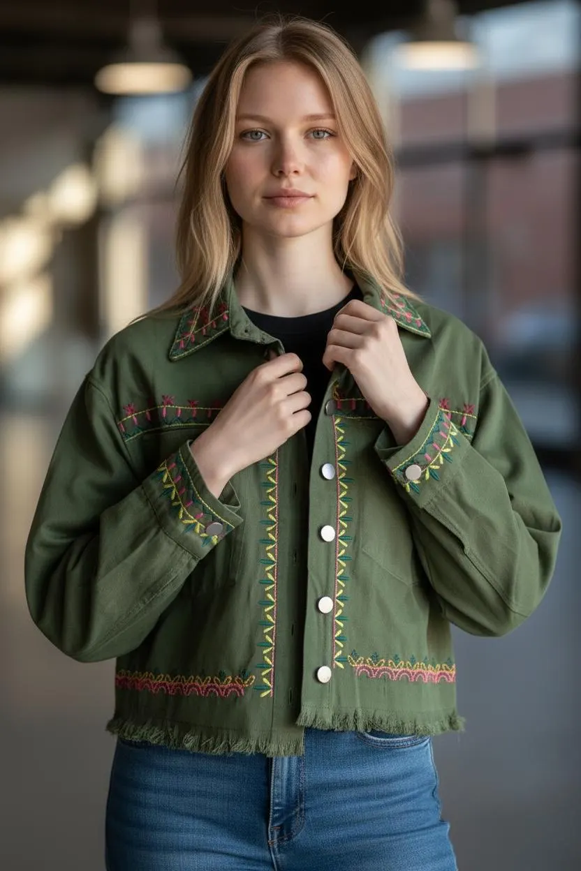 Olive Green Cropped Jacket | Colorful Embroidered Collar, Cuffs, Fringed Hem | Boho Folk Statement Coat