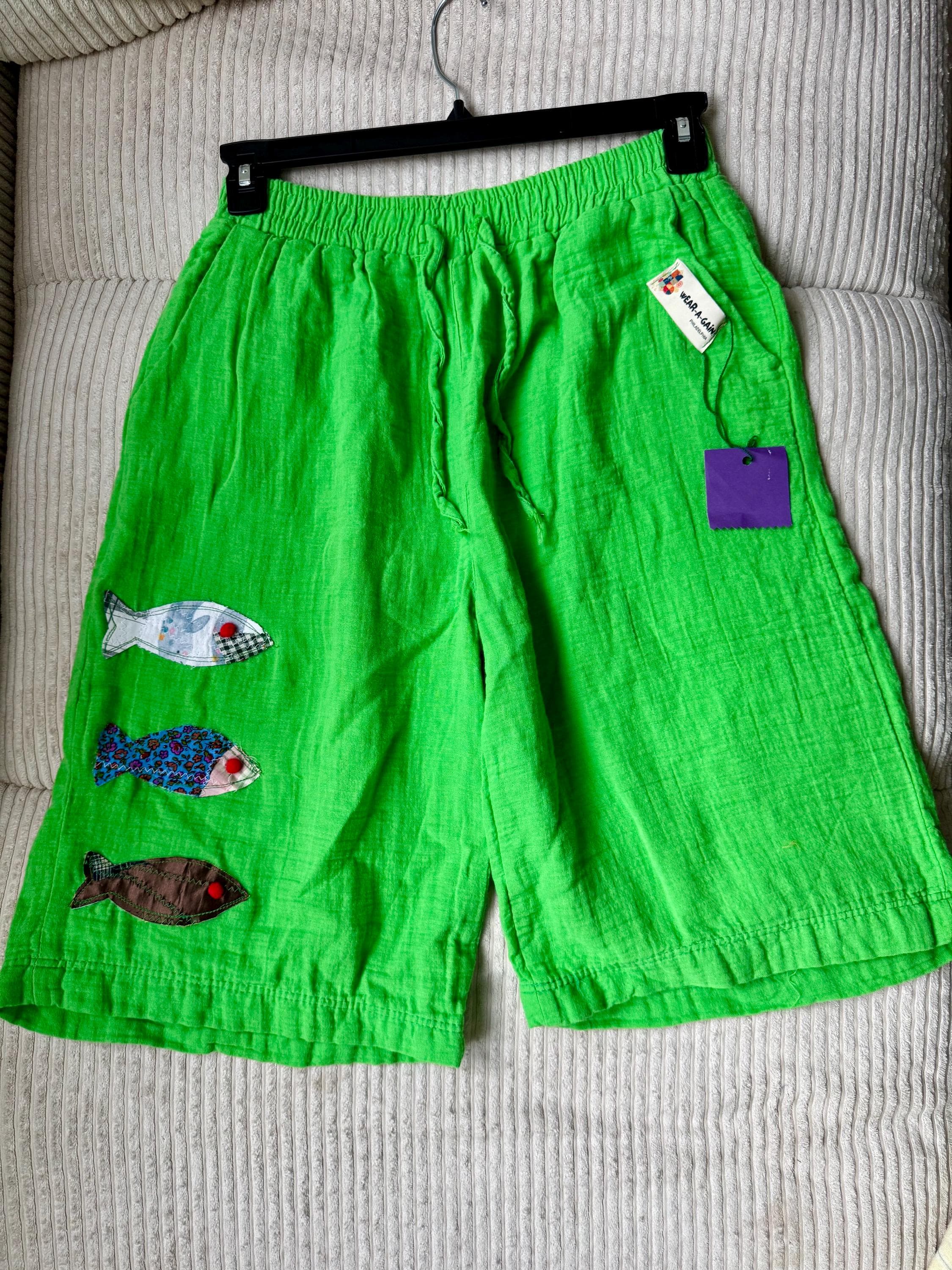 Upcycled Linen Fish Applique Shorts, Boho Elastic Waist, Summer Wear (Green, Yellow, Blue, Navy) - image 5