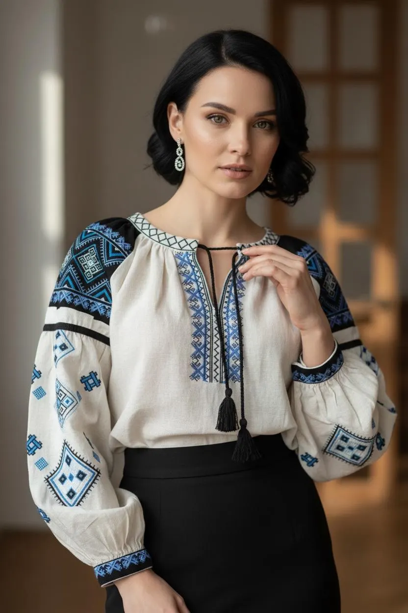 Ukrainian Vyshyvanka Blouse | Blue Geometric Folk Shirt | Tassel Tie Cottagecore Top | Boho Gift for Her | Embroidered Blouse S M L