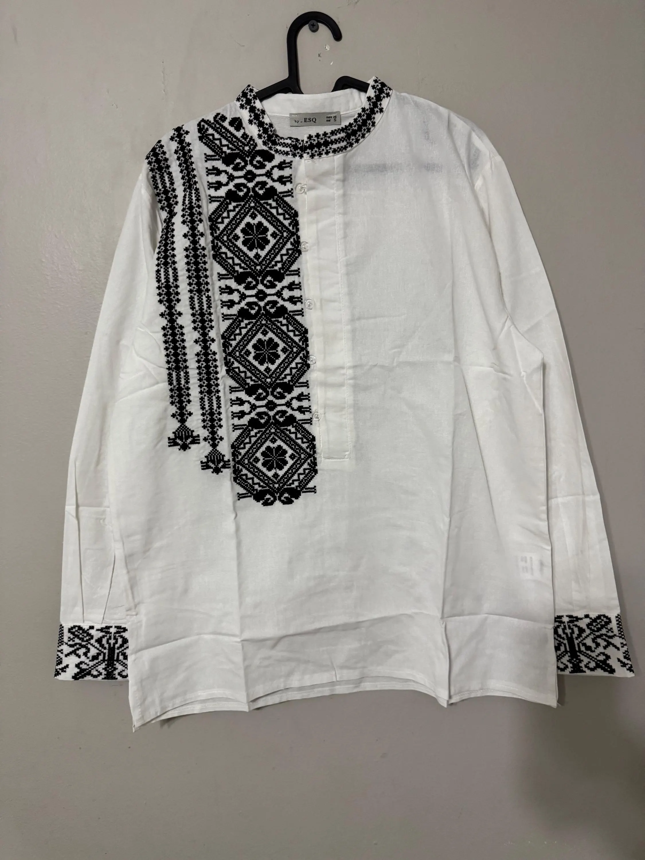 Latvian Folk Embroidered Shirt, Black Geometric Pattern, Mandarin Collar, Cotton Blend - image 2