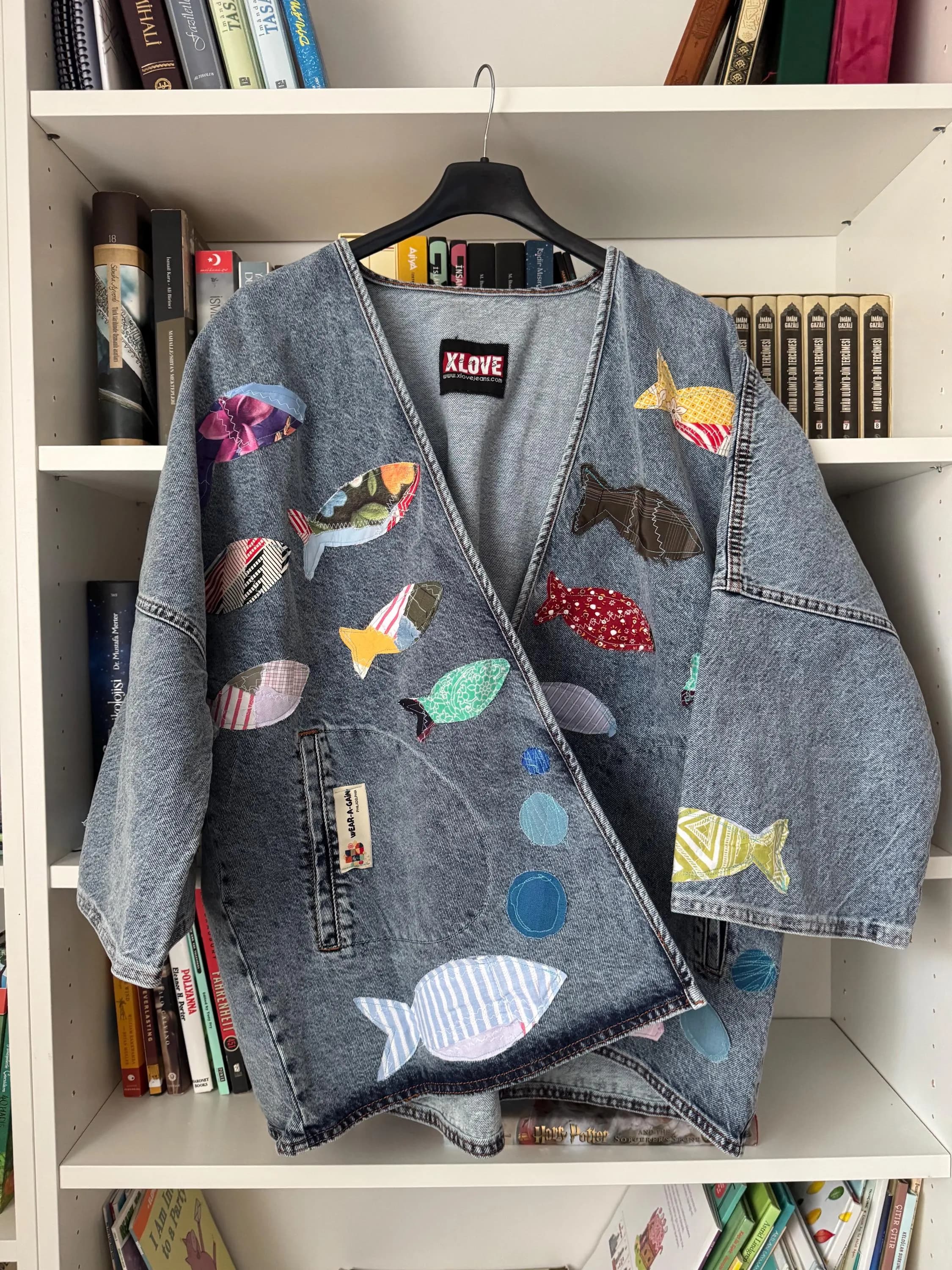 Custom Denim Jacket or Shirt with Handcrafted Patches | Cats, Fish, Pomegranate Branch