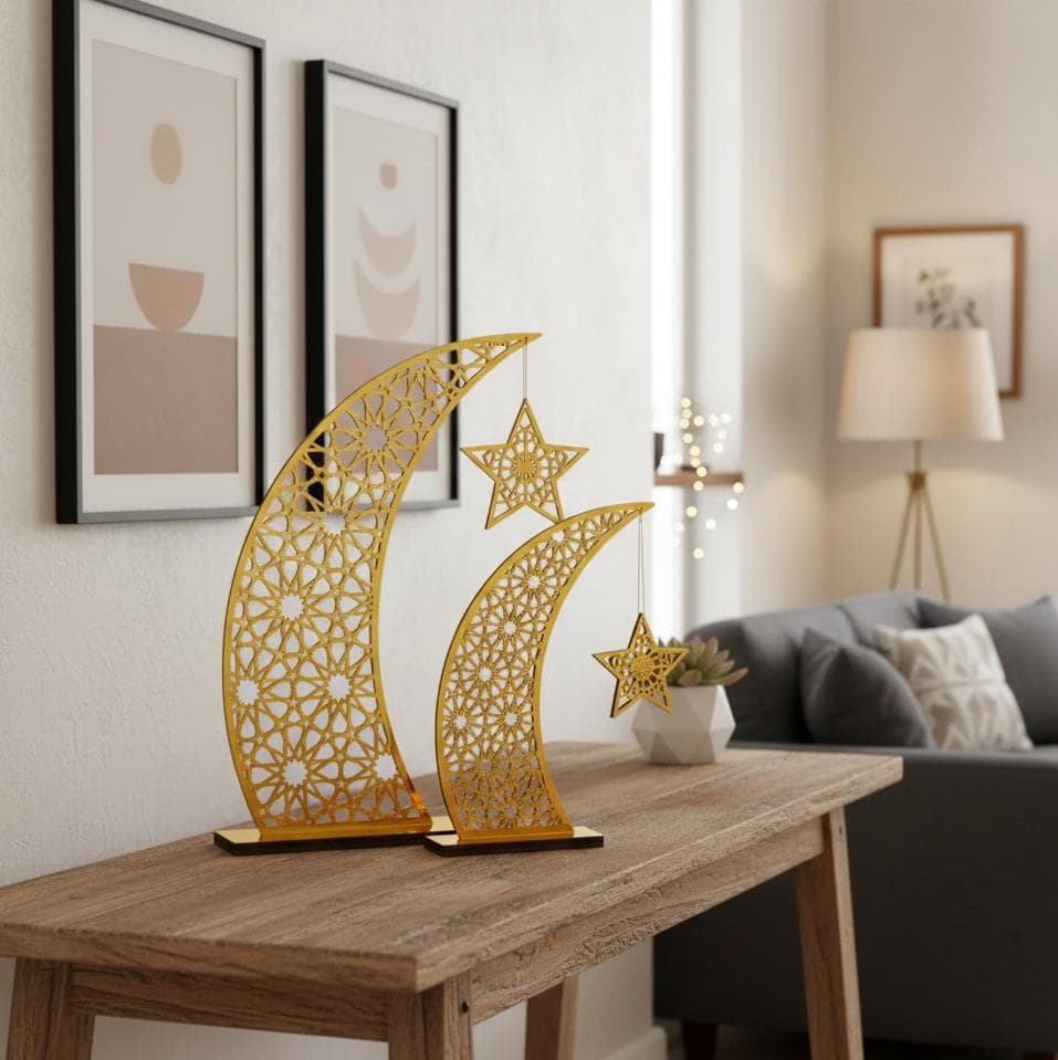 Golden Moon and Star Ramadan Decor – Wooden Acrylic Eid Mubarak Ornament, Islamic Home Decoration - image 4