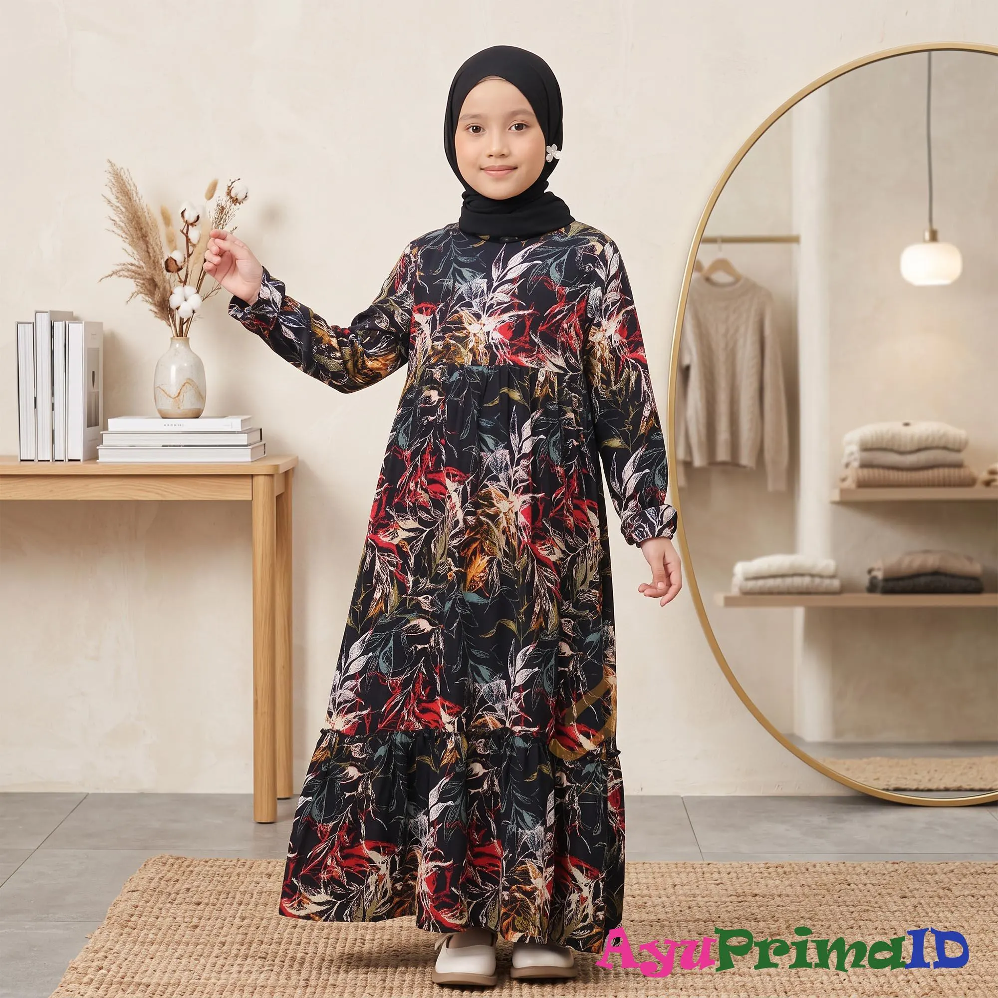 Girls Black Floral Abaya Set Kids Syari Hijab Rayon Maxi Eid Outfit