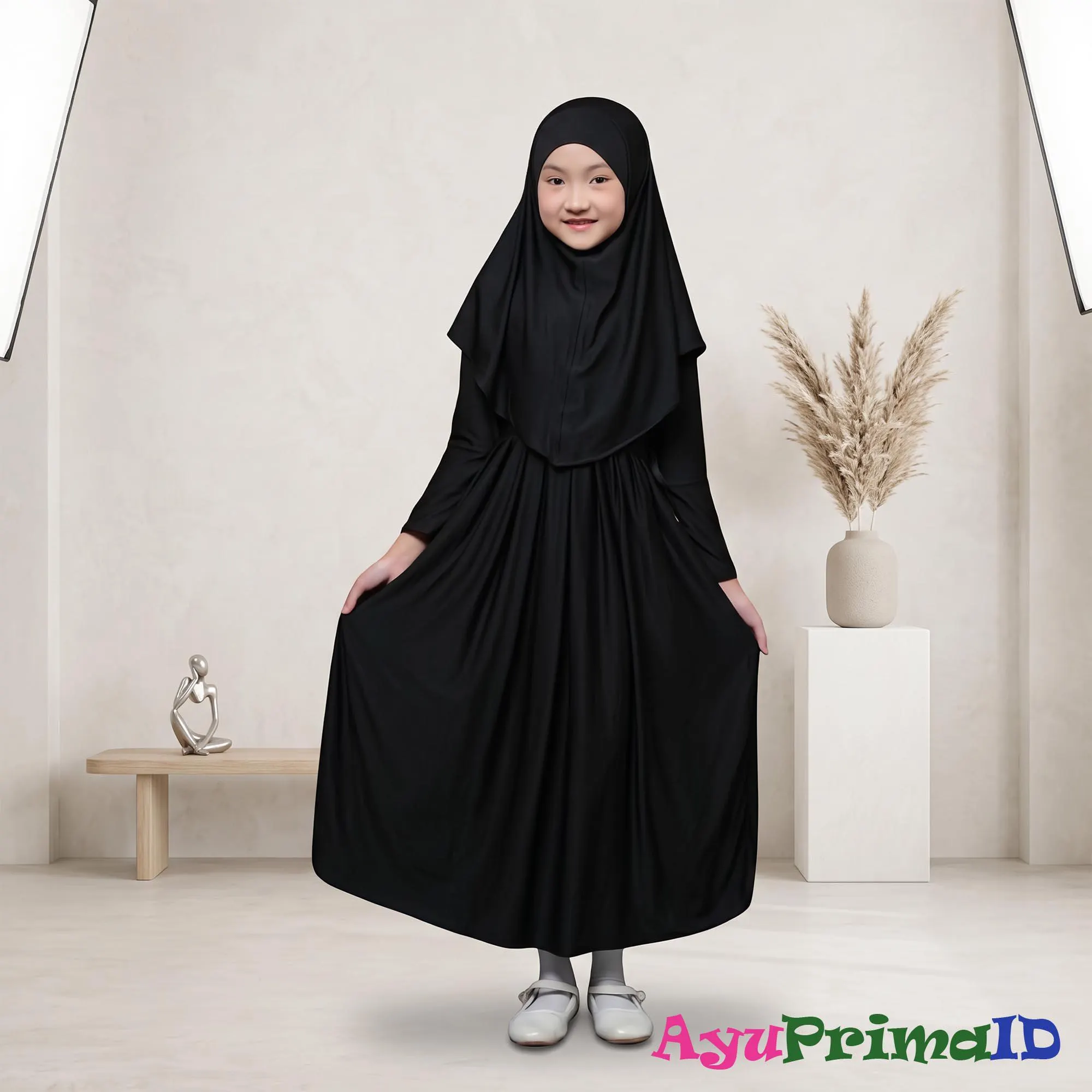 Girls Abaya Dress Set Kids Hijab Outfit Drawstring Soft Jersey Gamis