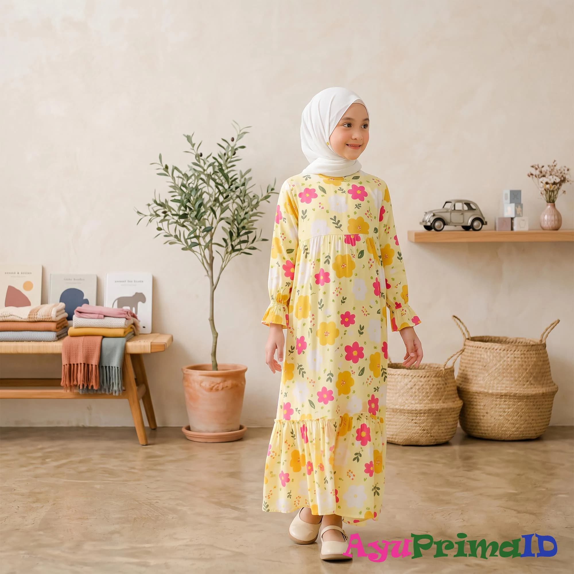 Girls Floral Abaya Dress Set Kids Yellow Hijab Outfit Eid Maxi Gown