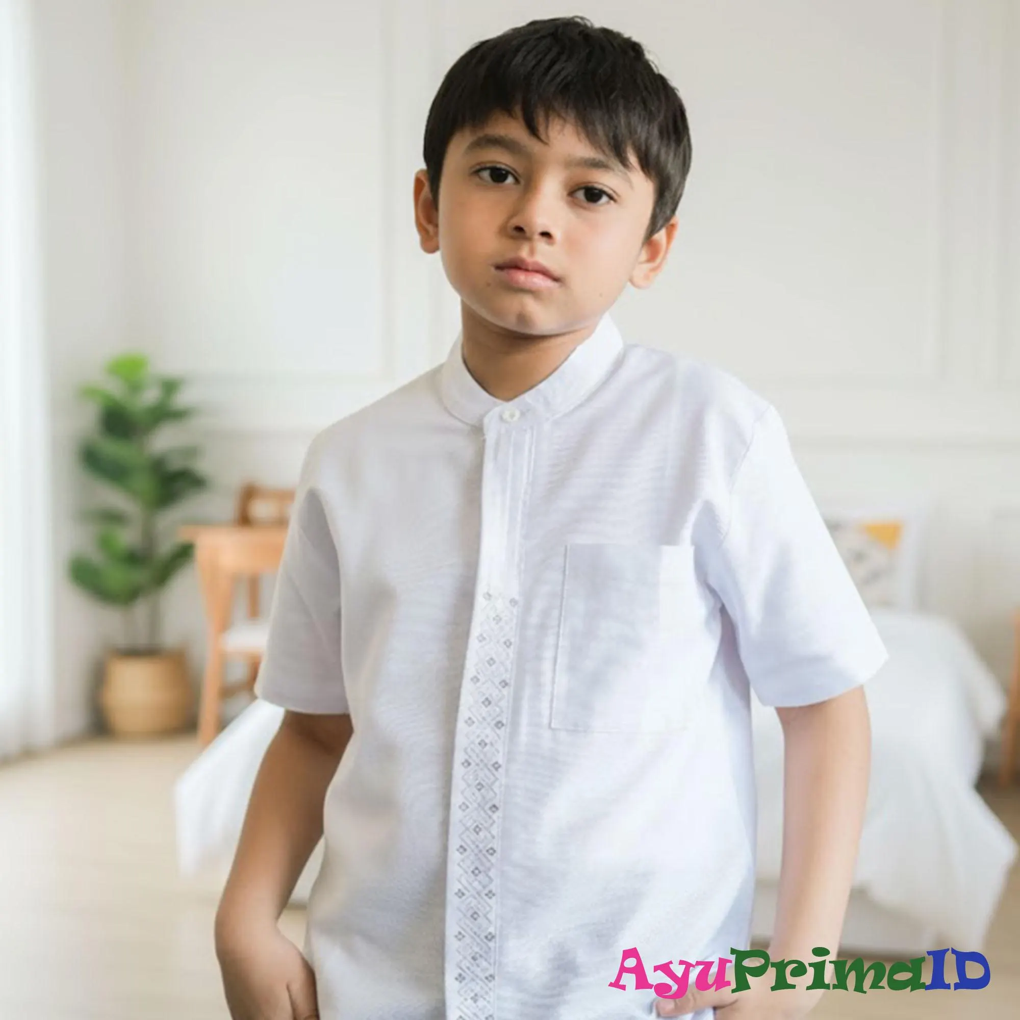 Boys White Embroidered Koko Shirt Kids Modern Islamic Kurta Toddler Eid Mubarak Outfit