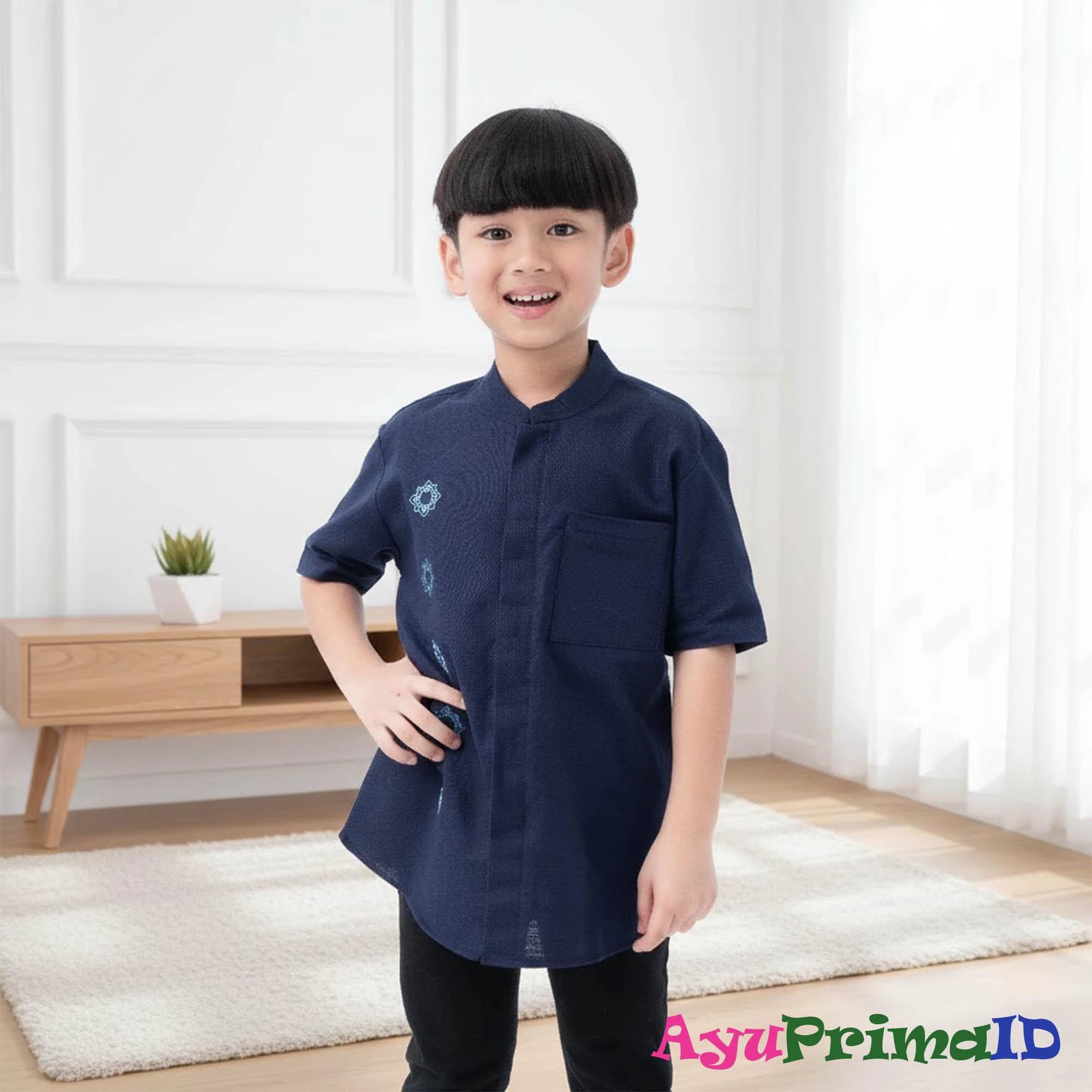 Sahil Kids Navy Embroidered Koko Shirt Modern Boys Muslim Shirt Short Sleeve Cotton Kurta for Kids