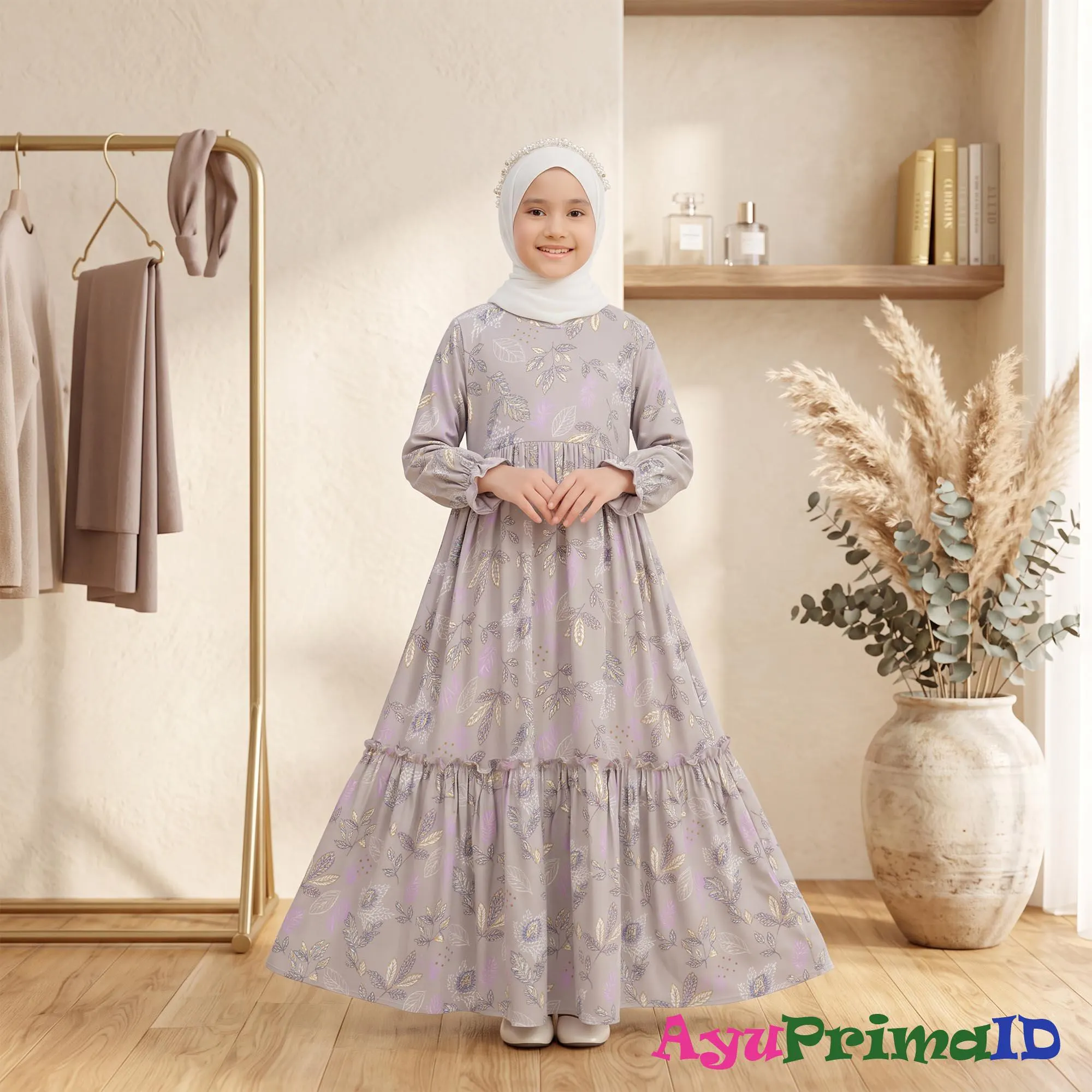 Girls Floral Abaya Dress Kids Khaki Rayon Maxi Gown Modest Eid Outfit