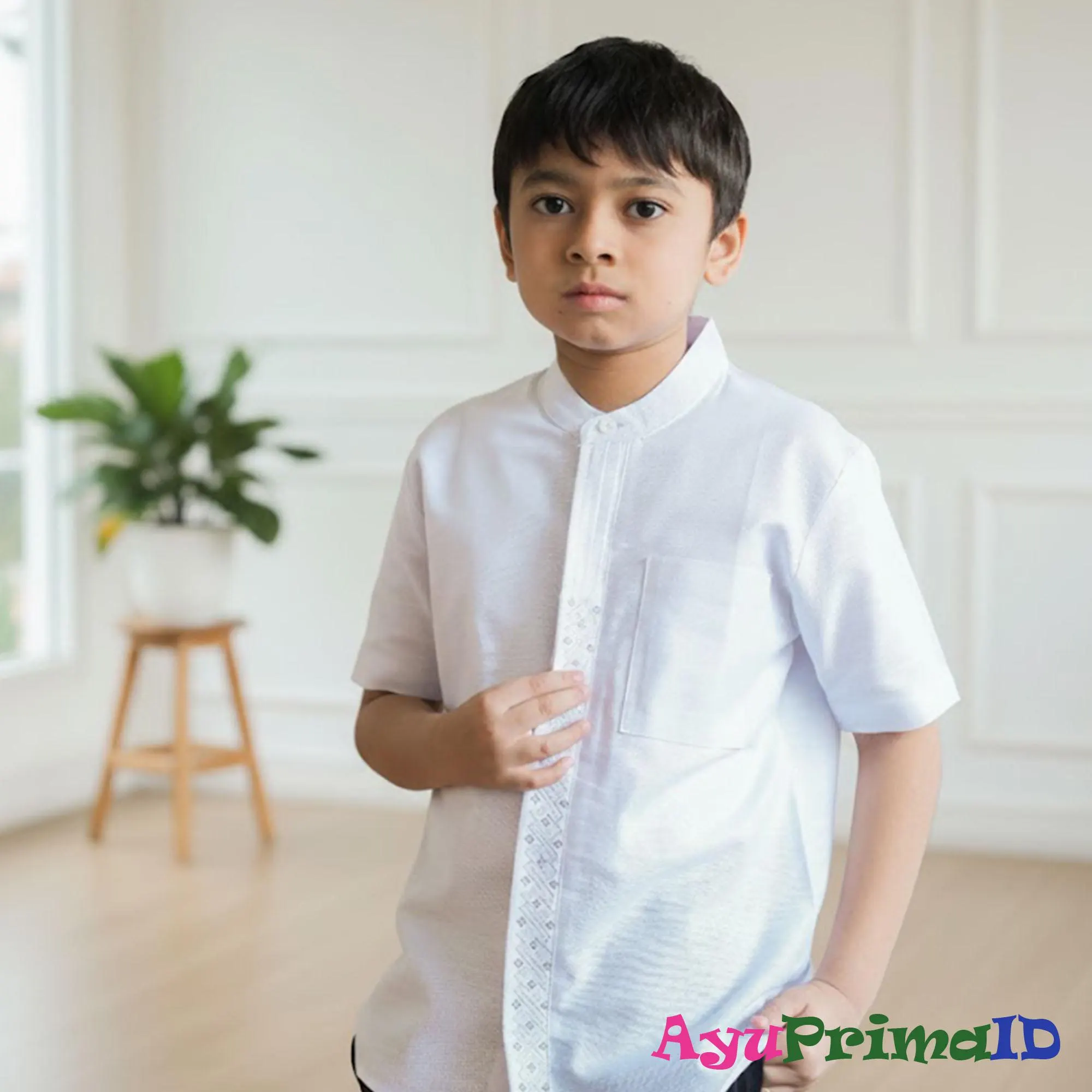 Boys White Embroidered Koko Shirt Kids Modern Islamic Kurta Toddler Eid Mubarak Outfit