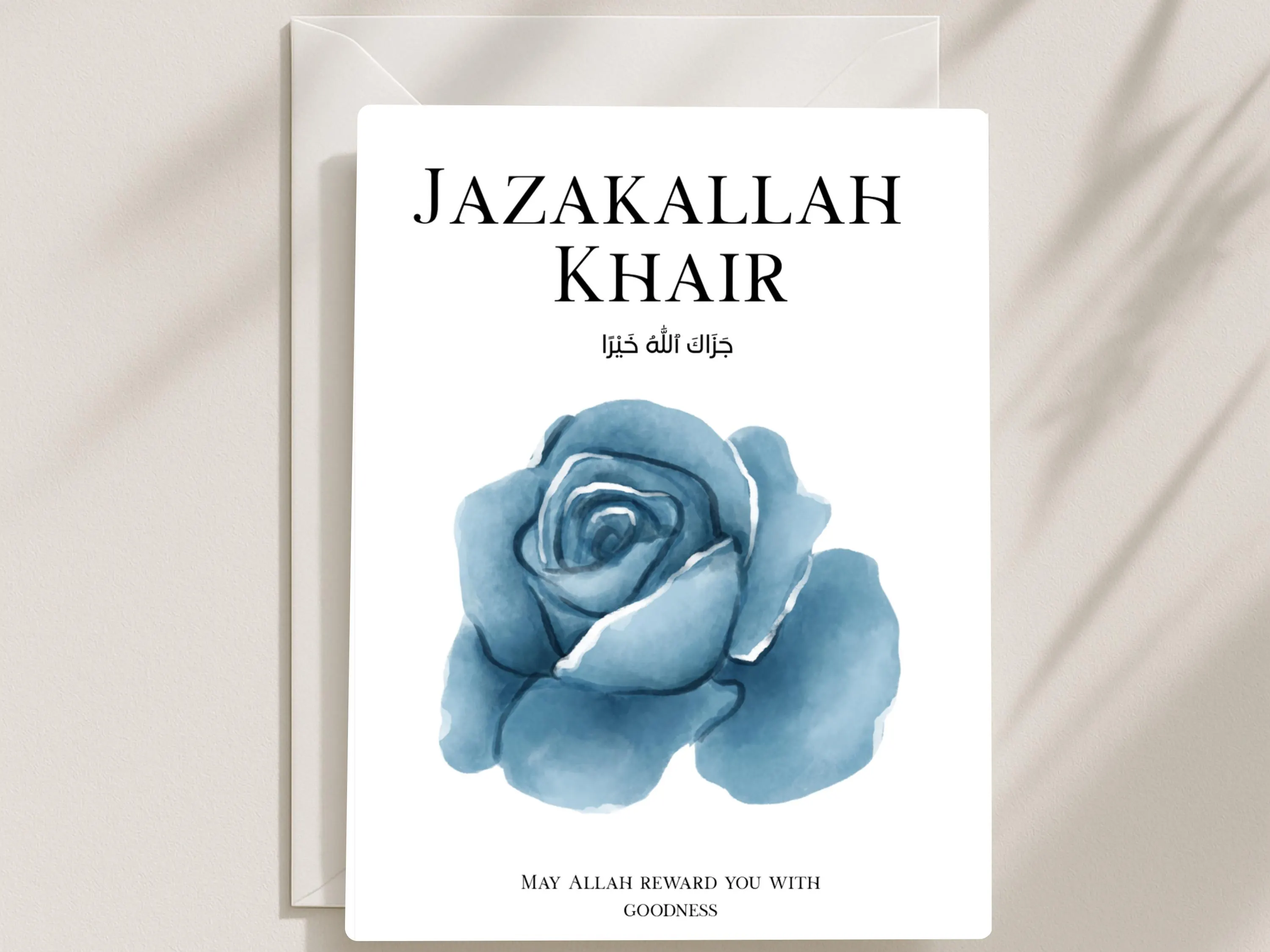 Jazakallah Khair Card, Neutral Arabic Design, Blue Flower Design, Islamic Thank You Greeting - image 4