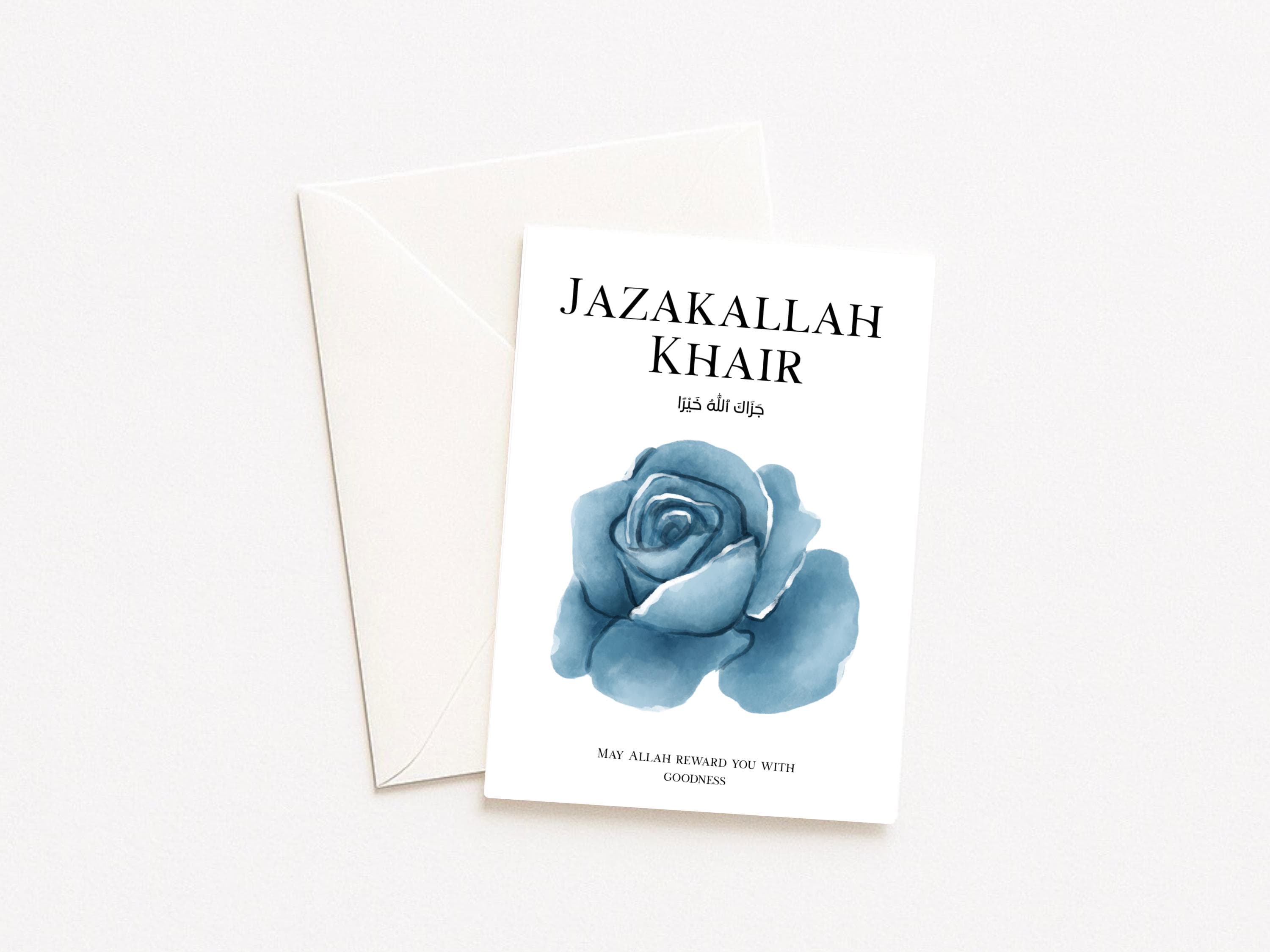 Jazakallah Khair Card, Neutral Arabic Design, Blue Flower Design, Islamic Thank You Greeting - image 3