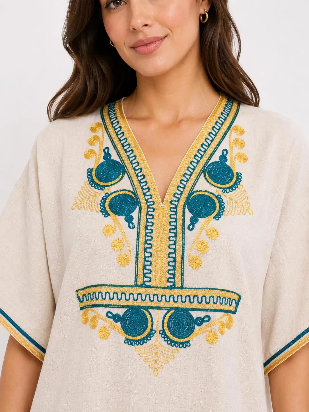 Handmade Moroccan Linen Gandoura, Embroidered Kaftan Dress, Summer Beach Resort Wear One Size - image 3