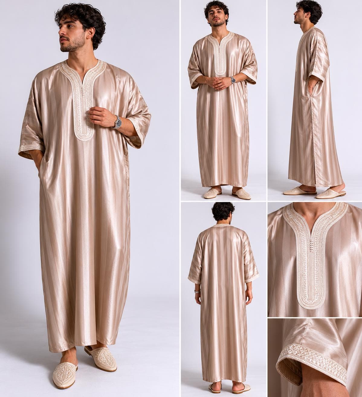 Moroccan Thobe Beige Gandoura, Sfiha Embroidery Cotton Blend Kaftan - image 3
