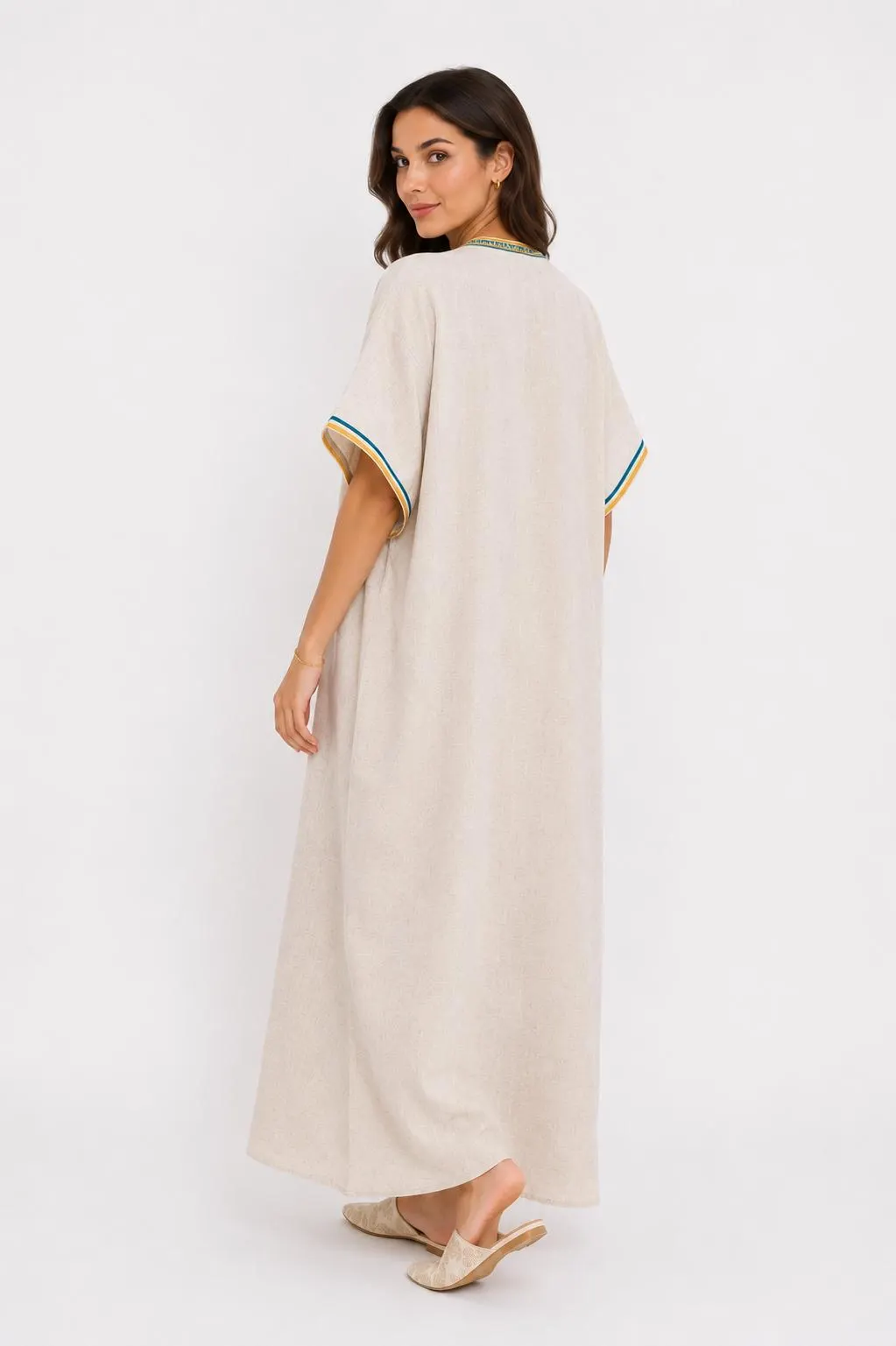 Handmade Moroccan Linen Gandoura, Embroidered Kaftan Dress, Summer Beach Resort Wear One Size - image 4