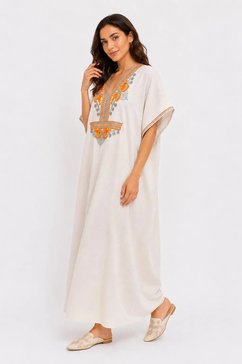 Handmade Moroccan Linen Gandoura, Embroidered Kaftan Dress, Summer Beach Resort Wear One Size - image 5
