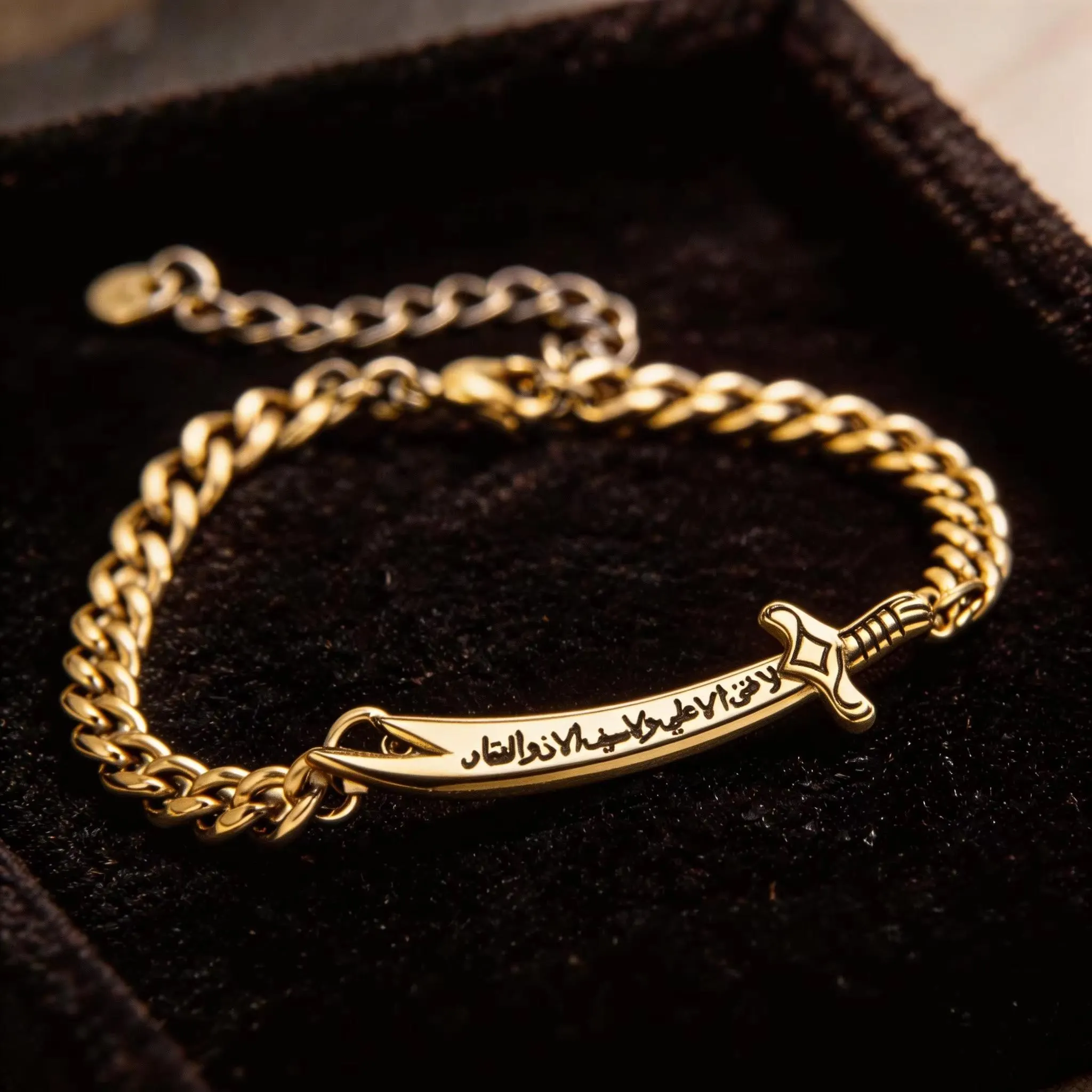 Sword Pendant Bracelet, Stainless Steel Silver Or Gold Plating, Arabic Calligraphy