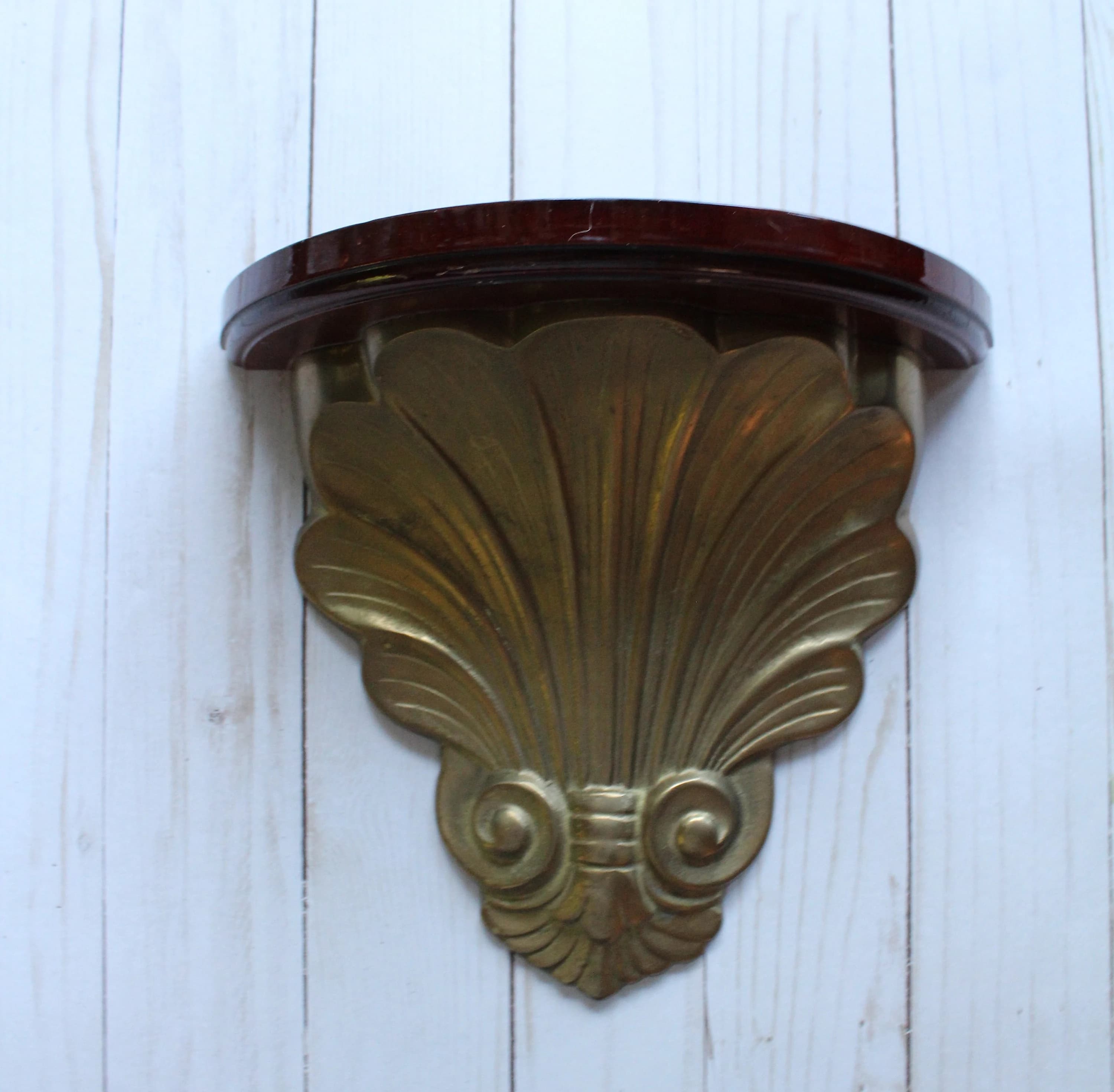Vintage Wood And Brass Decorative Slotted Shelf 1980s - image 3
