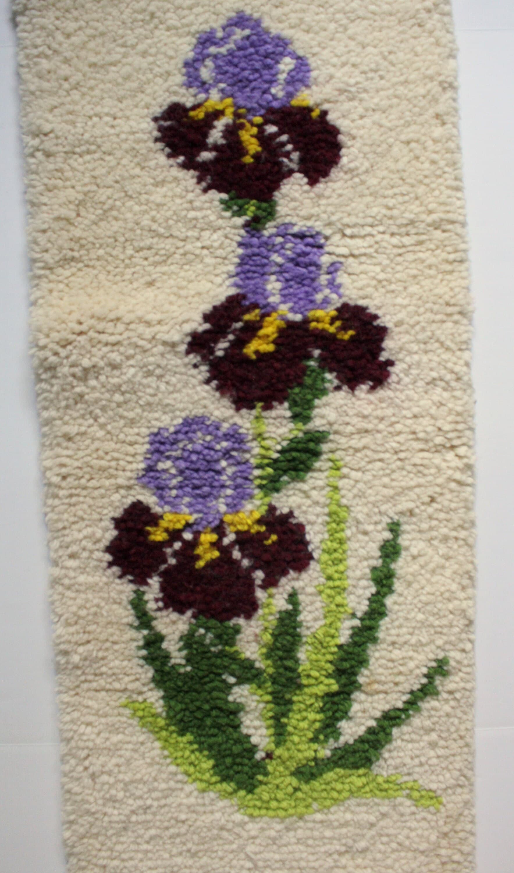 Vintage Handmade Purple Iris Latch Hook Yarn Wall Hanging 1970s - image 5