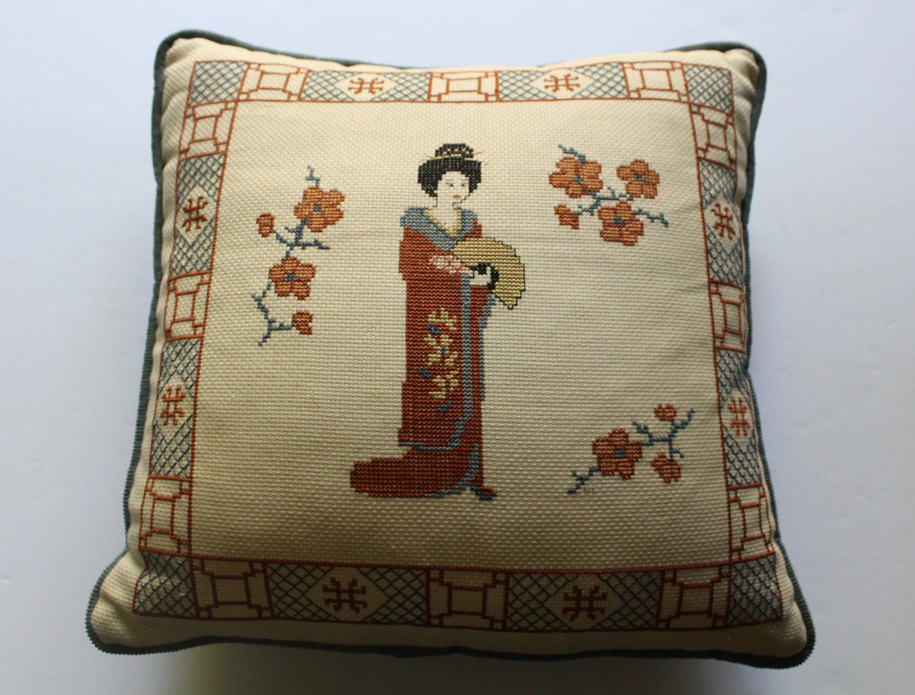 Vintage Japanese Lady In Kimono Cross-Stitch Decorative Toss Pillow 1980s - image 3