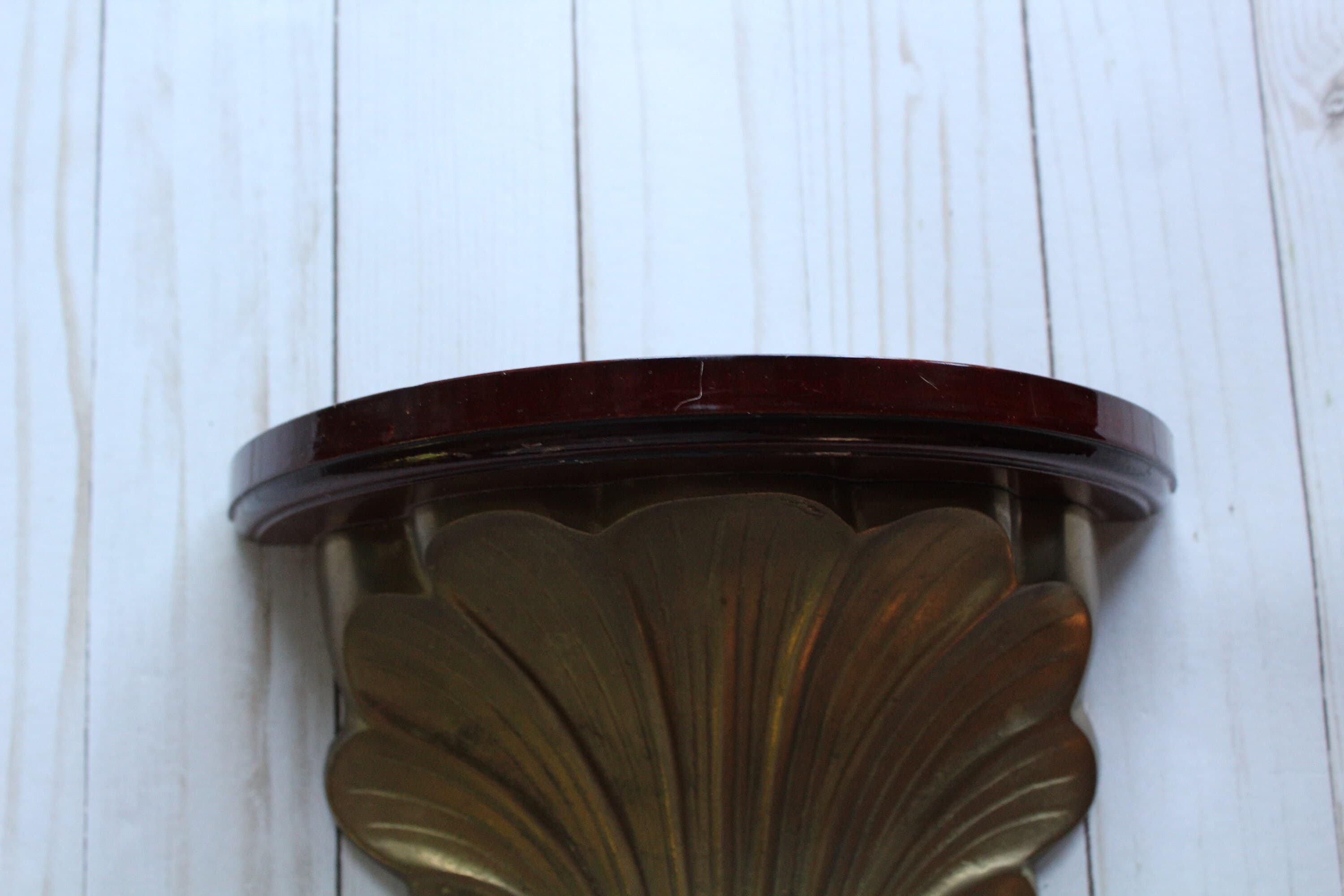 Vintage Wood And Brass Decorative Slotted Shelf 1980s - image 5