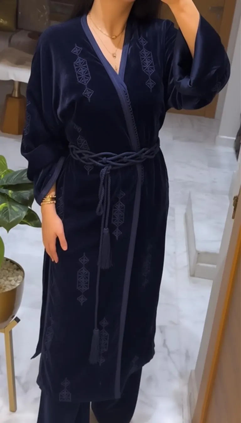 Moroccan Velvet Jabadore Set – Burgundy / Navy / Green Caftan for Women – Elegant Embroidered Moroccan Outfit – Eid & Wedding Dress - image 3