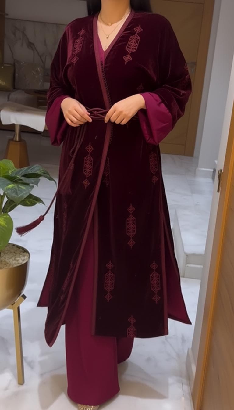Moroccan Velvet Jabadore Set – Burgundy / Navy / Green Caftan for Women – Elegant Embroidered Moroccan Outfit – Eid & Wedding Dress - image 2