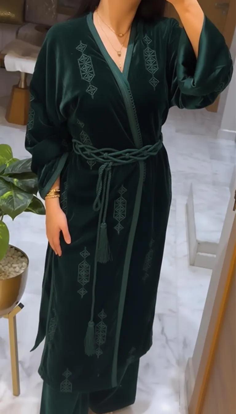 Moroccan Velvet Jabadore Set – Burgundy / Navy / Green Caftan for Women – Elegant Embroidered Moroccan Outfit – Eid & Wedding Dress - image 5
