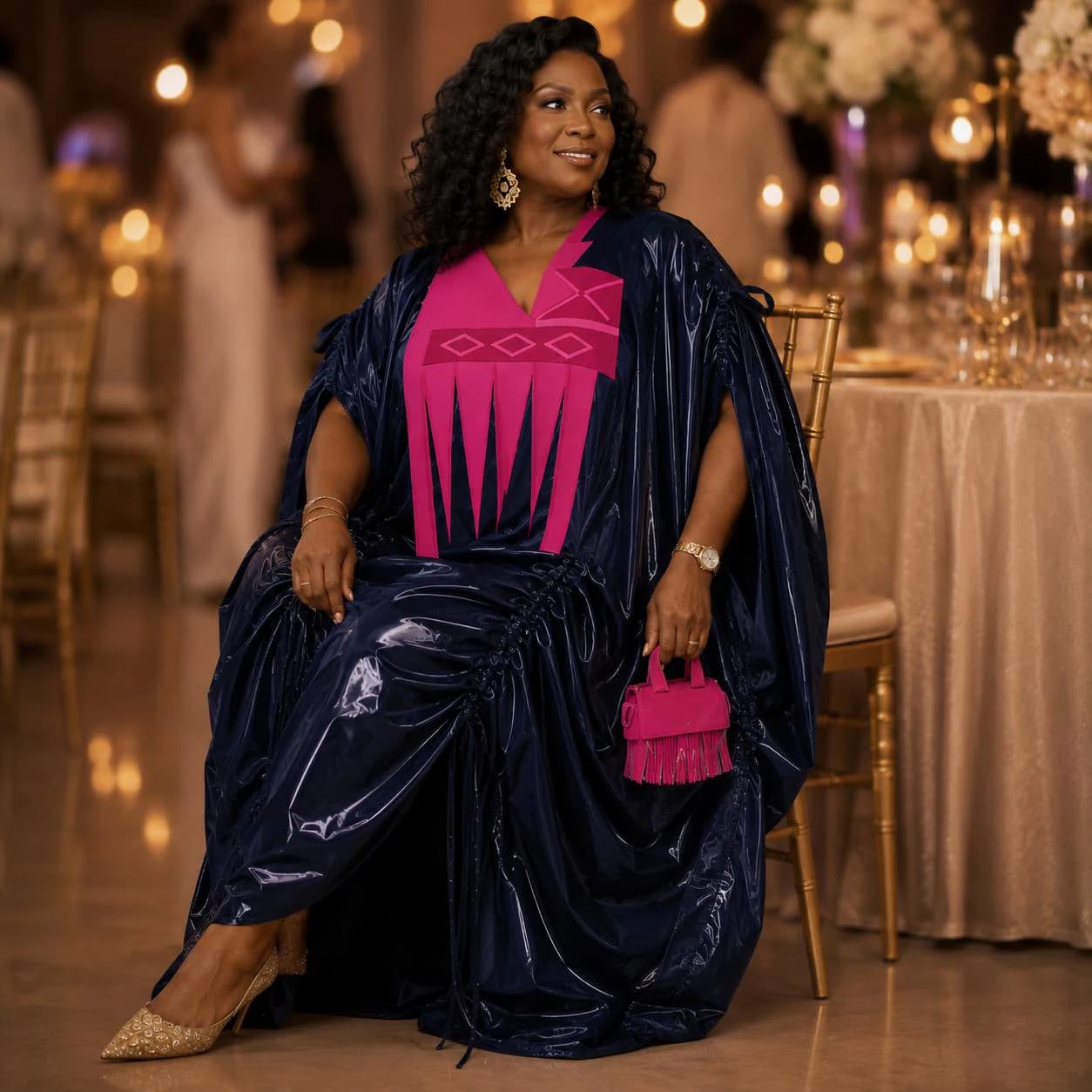 Black & Pink Abaya Dress, Elegant African Inspired Kaftan, One Size Modest Evening Gown, Wedding Guest Dress - image 5