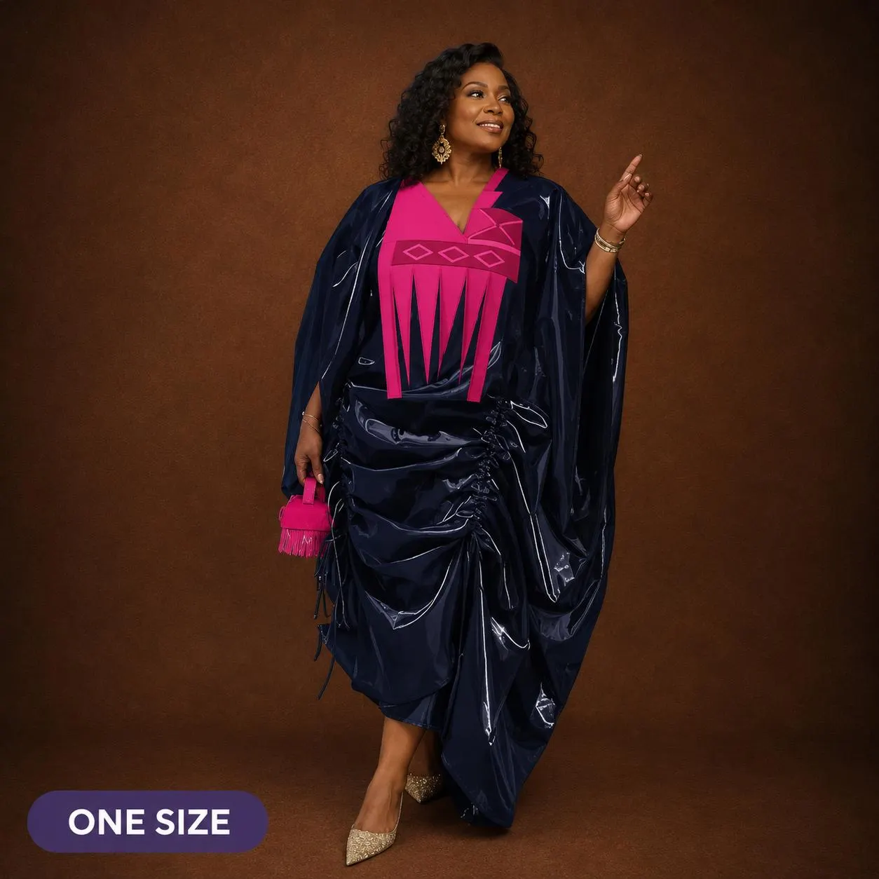 Black & Pink Abaya Dress, Elegant African Inspired Kaftan, One Size Modest Evening Gown, Wedding Guest Dress