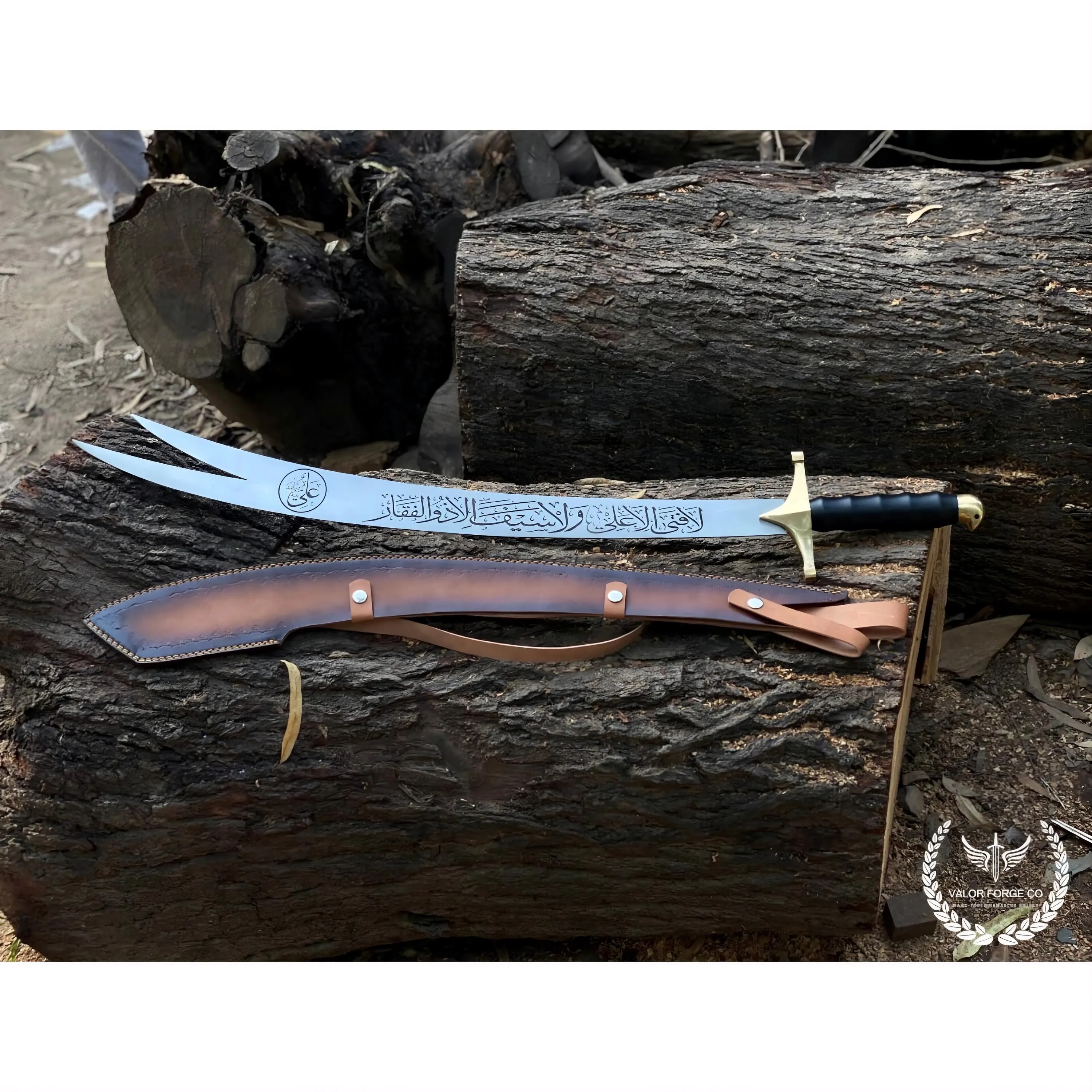 Handmade Zulfiqar Sword – Islamic Double Tip Display Piece with Leather Sheath And Stand | Engraved Stainless Steel Islamic Wall Art - Gift