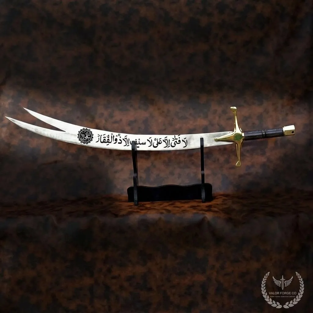 Zulfiqar Sword Groomsmen Gift, Handmade Engraved Double Tip Islamic Sword with Leather Sheath & Stand, Wedding Gift for Him - image 4