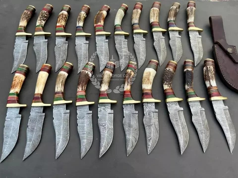 Handmade Damascus Knife Set, Skinner Knife Lot 6 12 24 36 Pieces, Antler Style Handle, Leather Sheath, Rustic Collector Gift - image 5