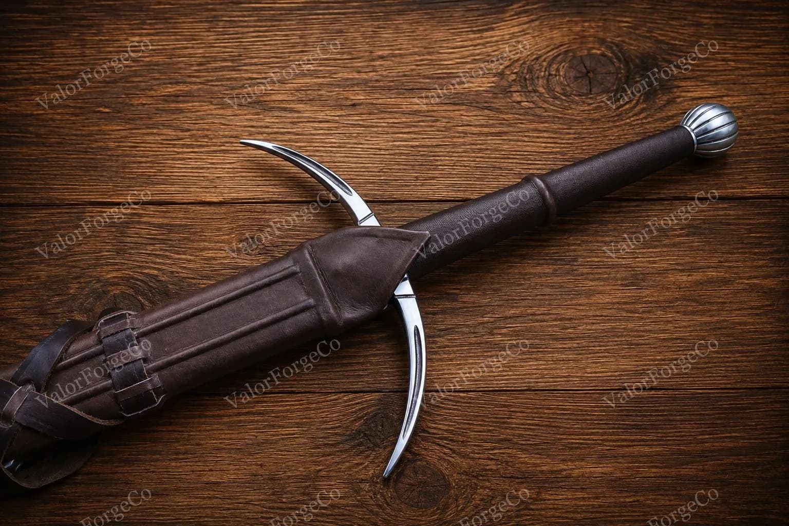 Medieval Two Handed Sword 40 Inch, Handmade Fantasy Decor, Crescent Guard Display Piece with Leather Scabbard, Wedding Groomsmen Gift - image 5