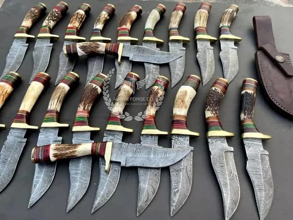 Handmade Damascus Knife Set, Skinner Knife Lot 6 12 24 36 Pieces, Antler Style Handle, Leather Sheath, Rustic Collector Gift - image 4