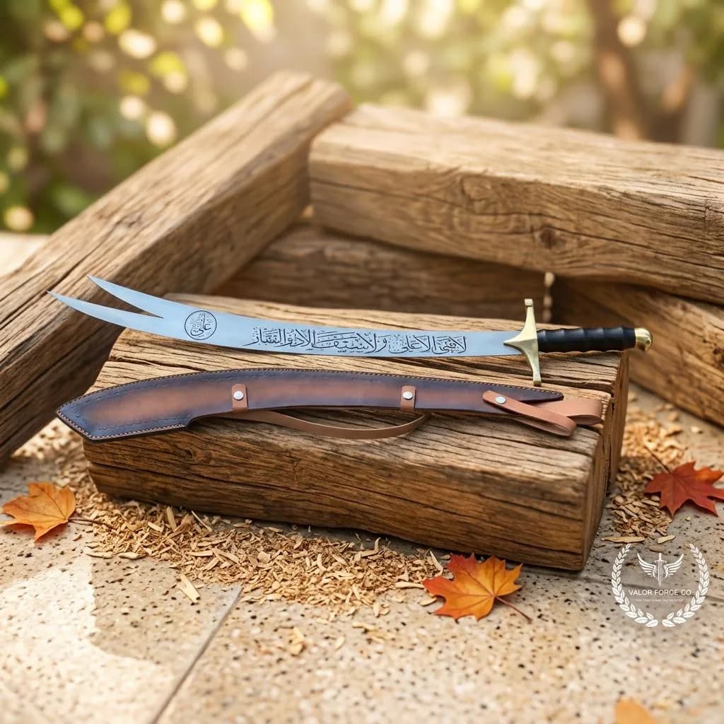 Handmade Zulfiqar Sword – Islamic Double Tip Display Piece with Leather Sheath And Stand | Engraved Stainless Steel Islamic Wall Art - Gift - image 3