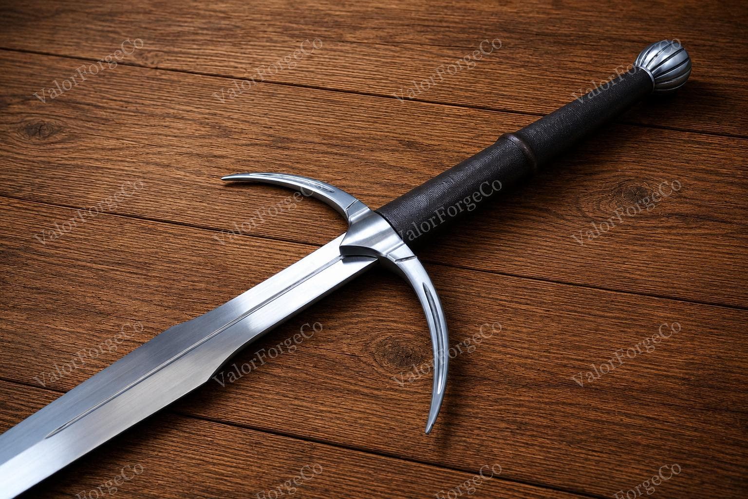 Medieval Two Handed Sword 40 Inch, Handmade Fantasy Decor, Crescent Guard Display Piece with Leather Scabbard, Wedding Groomsmen Gift - image 2