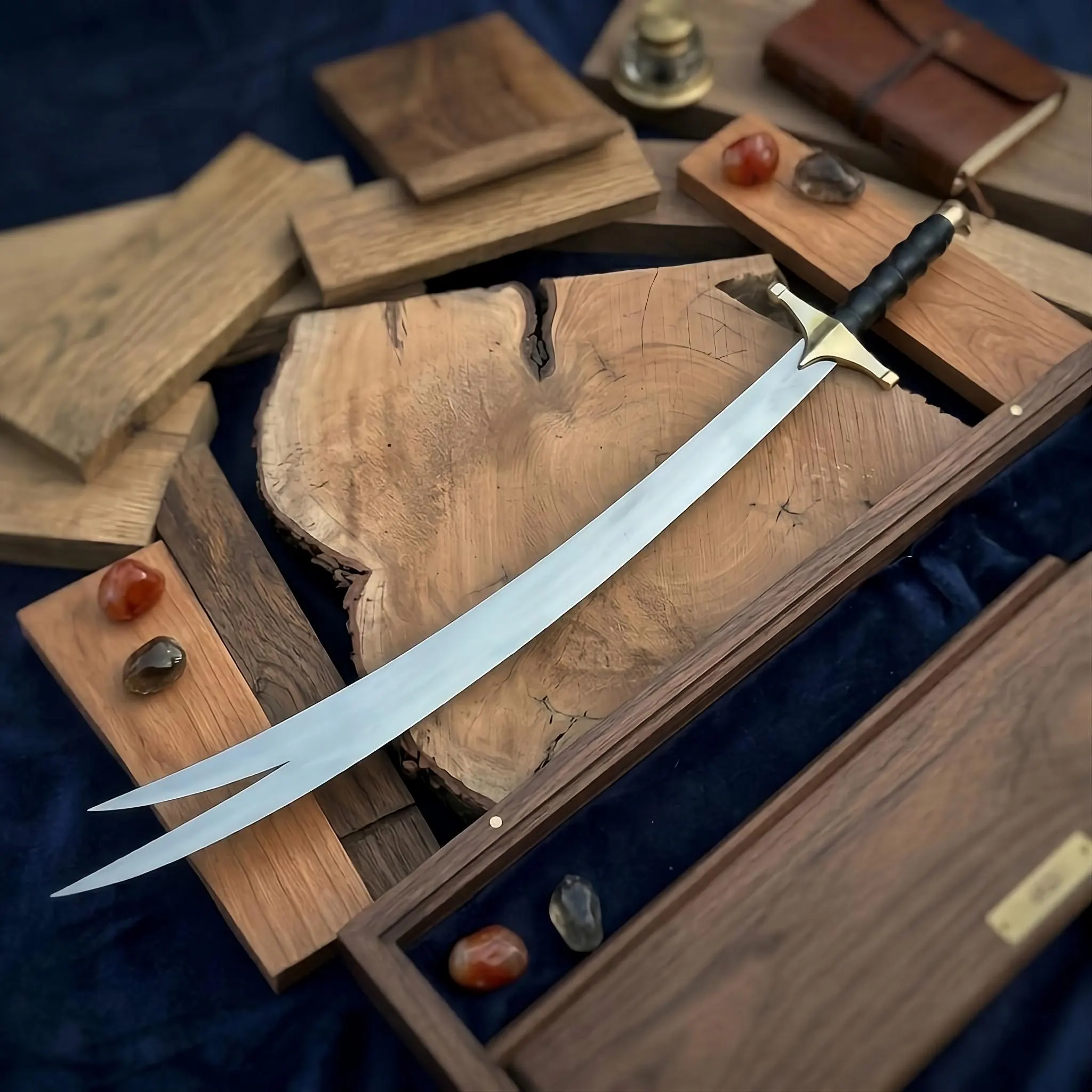 Handmade Zulfiqar Sword with Leather Sheath & Display Stand, Engraved Islamic Double Tip Sword, Islamic Gifts for Men, Home Decor