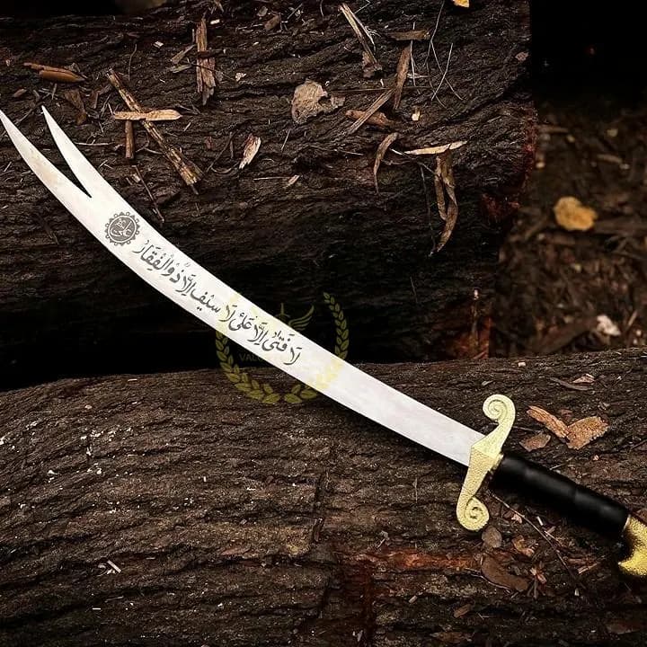 Zulfiqar Sword Groomsmen Gift, Handmade Engraved Double Tip Islamic Sword with Leather Sheath & Stand, Wedding Gift for Him