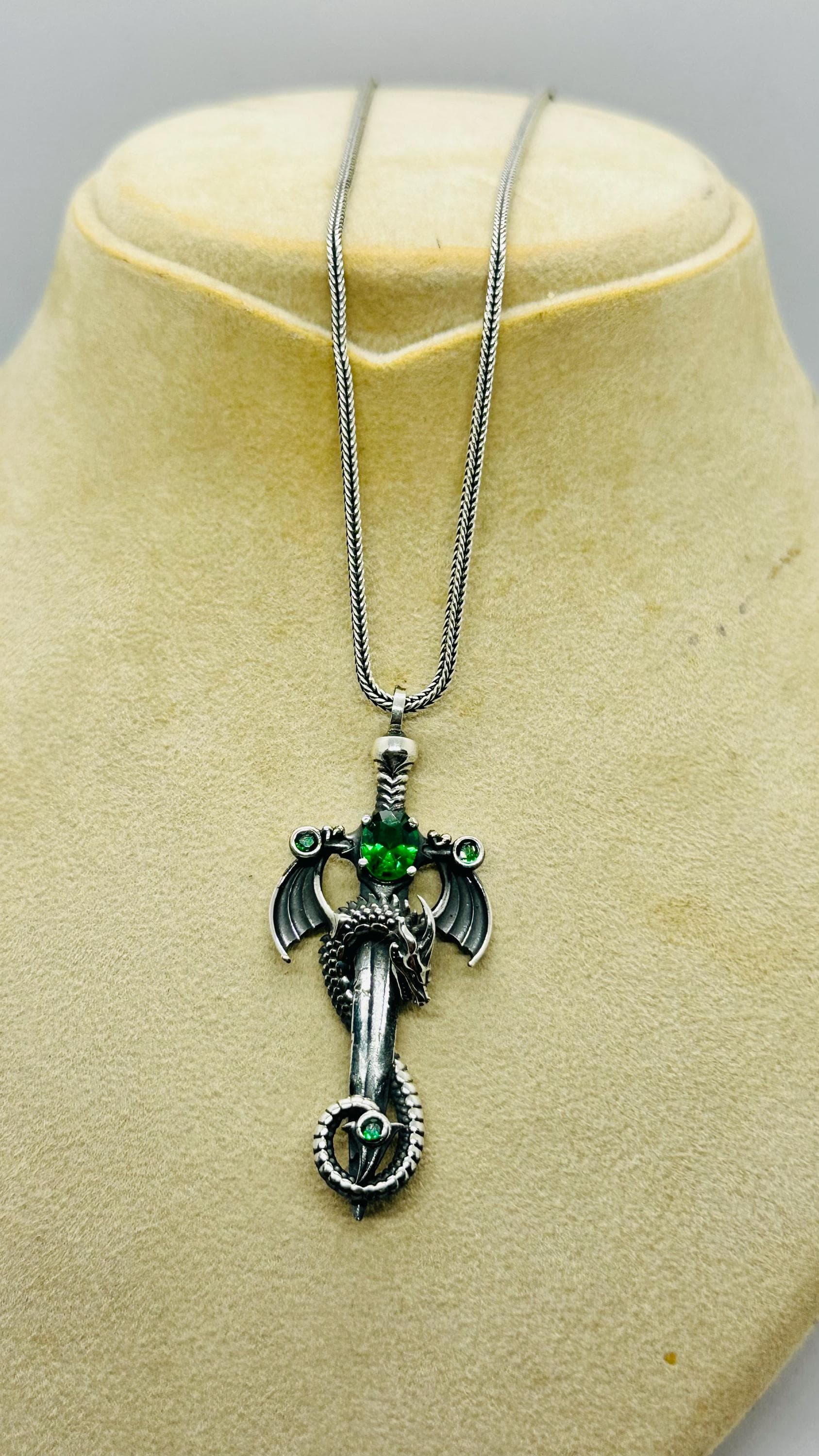 Dragon Necklace Fathers Day Gift Green Stone Gothic Silver Fantasy Jewelry - image 4