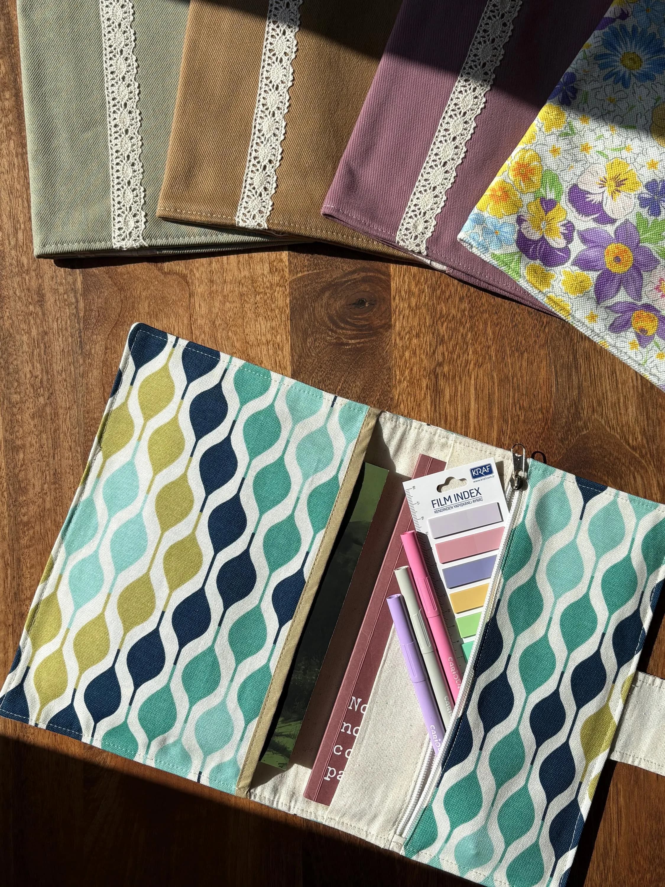 Handmade Geometric Book Sleeve with Pen Holder & Notebook Pocket, Padded Fabric Book Cover A5 - image 4