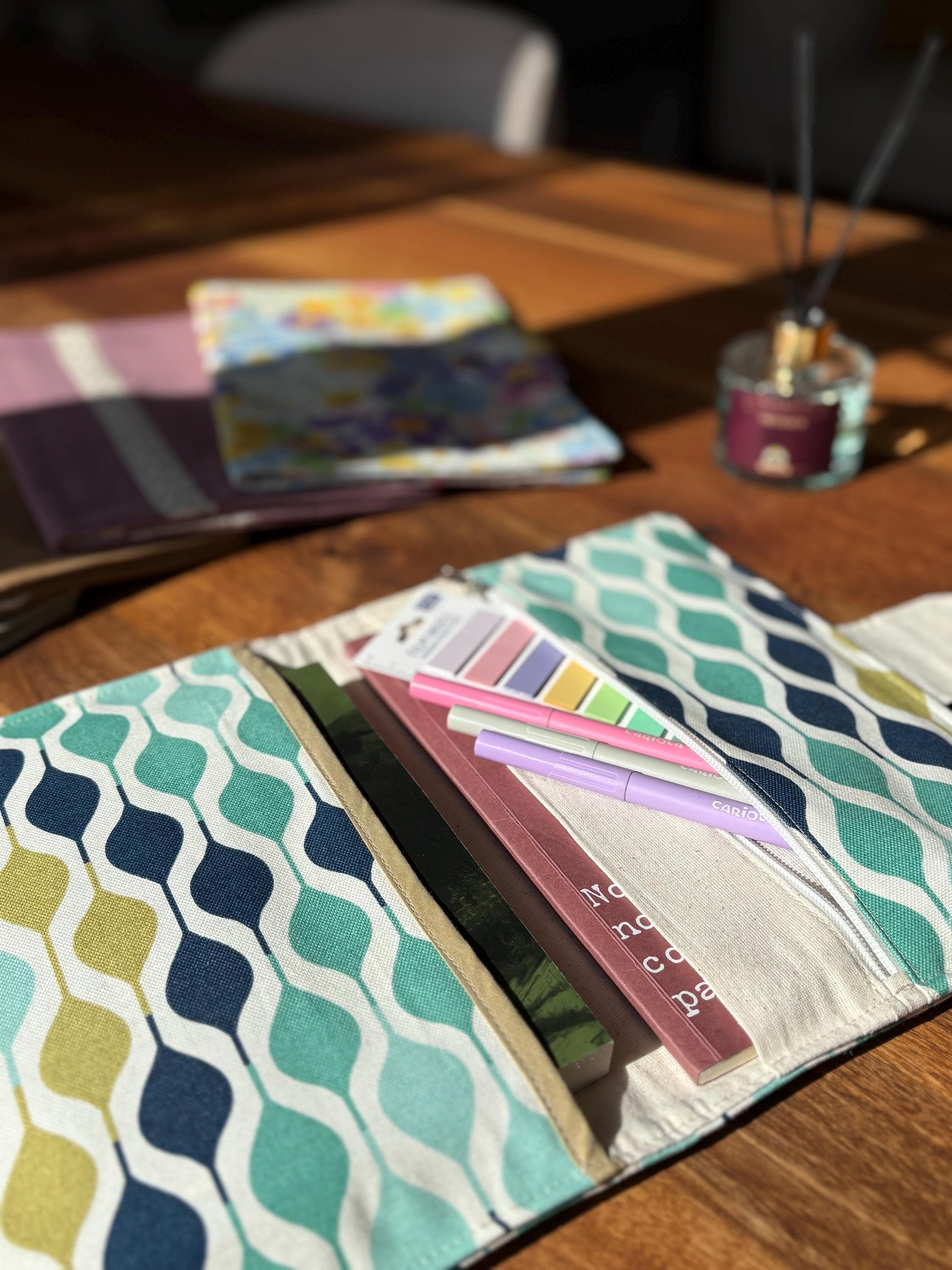 Handmade Geometric Book Sleeve with Pen Holder & Notebook Pocket, Padded Fabric Book Cover A5 - image 5