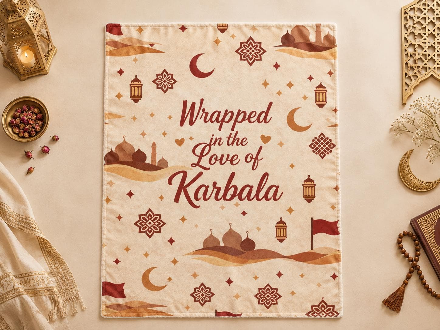 Shia Baby Blanket, 30 × 40 Inch Velveteen Plush | Karbala Design in Warm Ivory and Rust - image 2