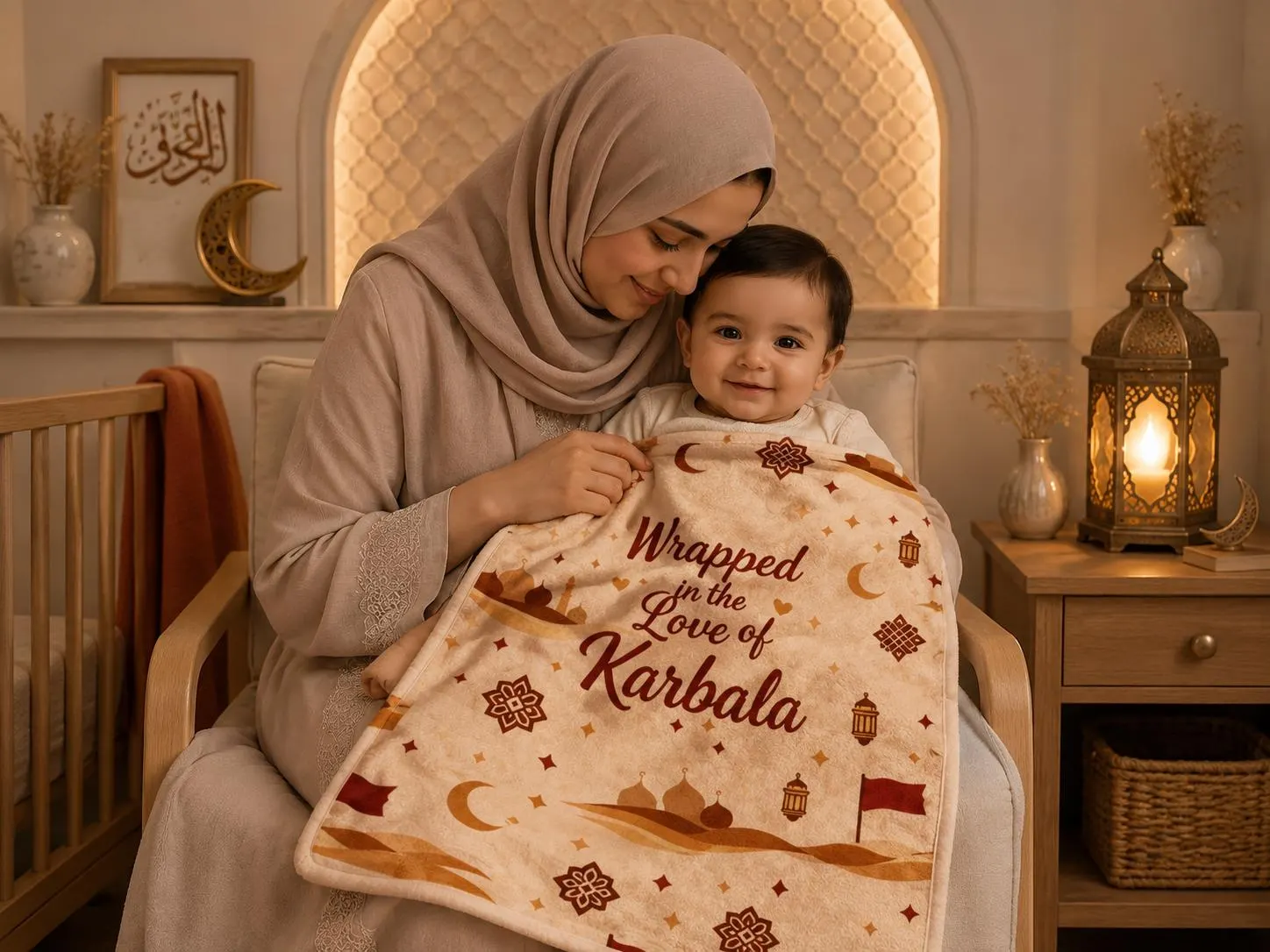 Shia Baby Blanket, 30 × 40 Inch Velveteen Plush | Karbala Design in Warm Ivory and Rust - image 3